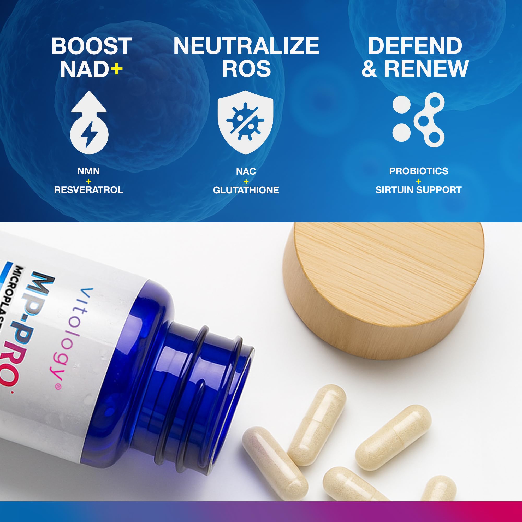 Vitology MP-PRO Microplastics Defense | 15 Billion CFU Probiotic + Antioxidant Blend | NMN, NAC, Glutathione, Resveratrol & Charcoal | Supports Cellular Detox, Longevity & Gut Health – 60 Capsules Vitology Au supplements