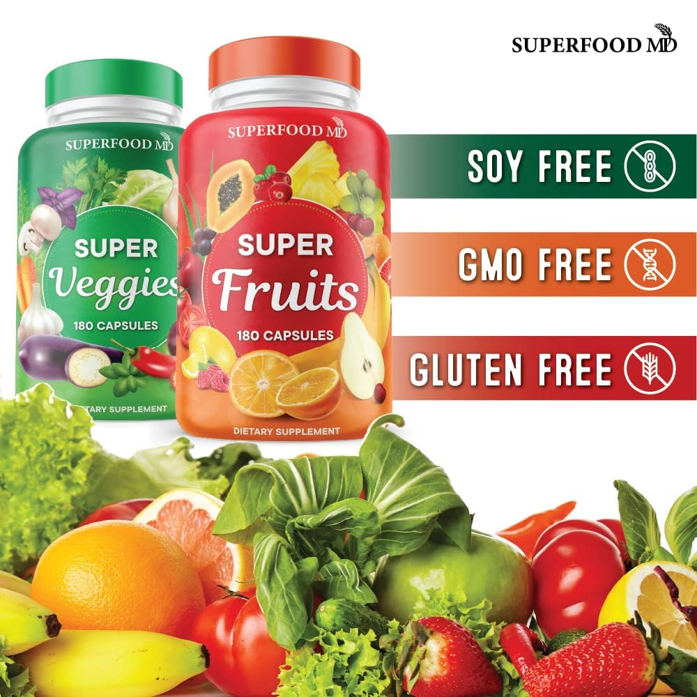 Superfood Fruit and Veggie Supplement - 360 Whole Super Fruit and Vegetable Supplements & Vitamin with Beta-Carotene, Soy Free- 180 Count (Pack of 2) Superfood MD Au supplements