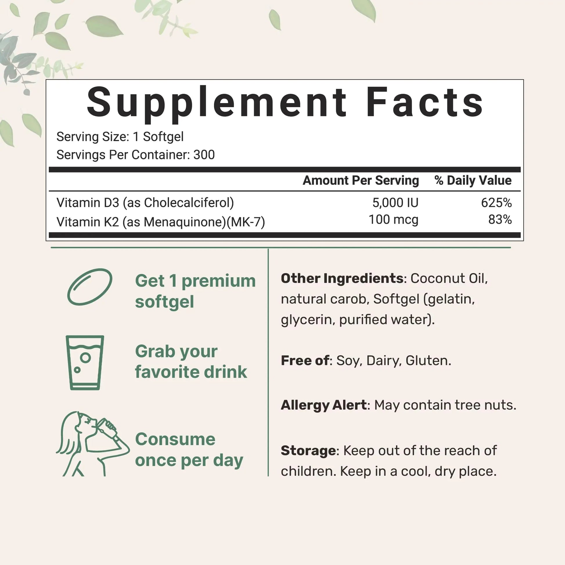 Micro Ingredients Vitamin D3 5000 IU Plus K2 (MK-7) 100 mcg, 300 Virgin Coconut Oil Softge Micro Ingredients Au supplements