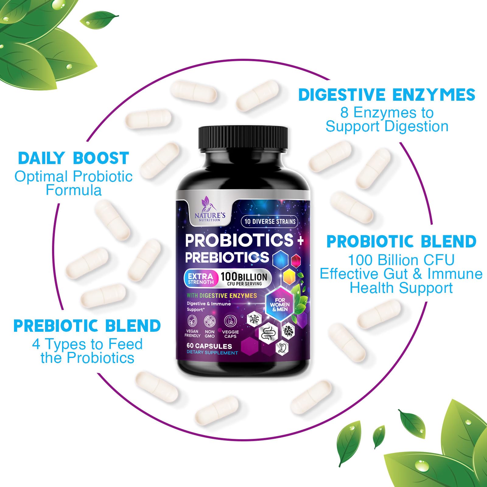 Probiotics 100 Billion CFU Per Serving - 10 Probiotic Strains & Prebiotics - Digestive Gut Health, Immune Support & Occasional Constipation, Gas & Bloating - Daily Supplement For Adults - 60 Capsules Nature's Nutrition Au supplements