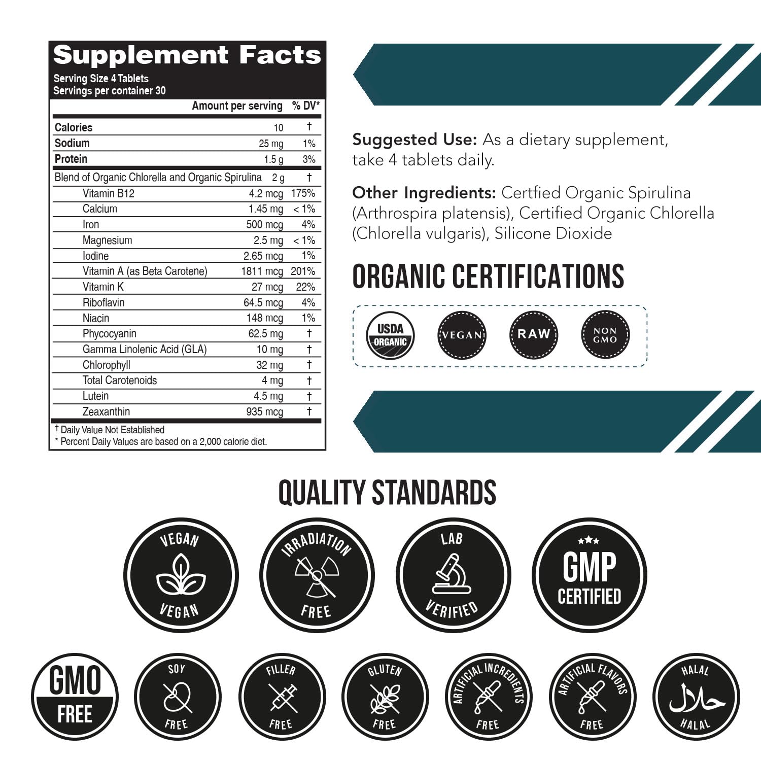 Organic Spirulina & Chlorella Tablets – 4 Organic Certifications, Raw, Non-Irradiated – 50/50 Blue Green Algae Blend – Antioxidant Content Equal to 5 Servings of Vegetables (120 Tablets) Triquetra Health Au supplements