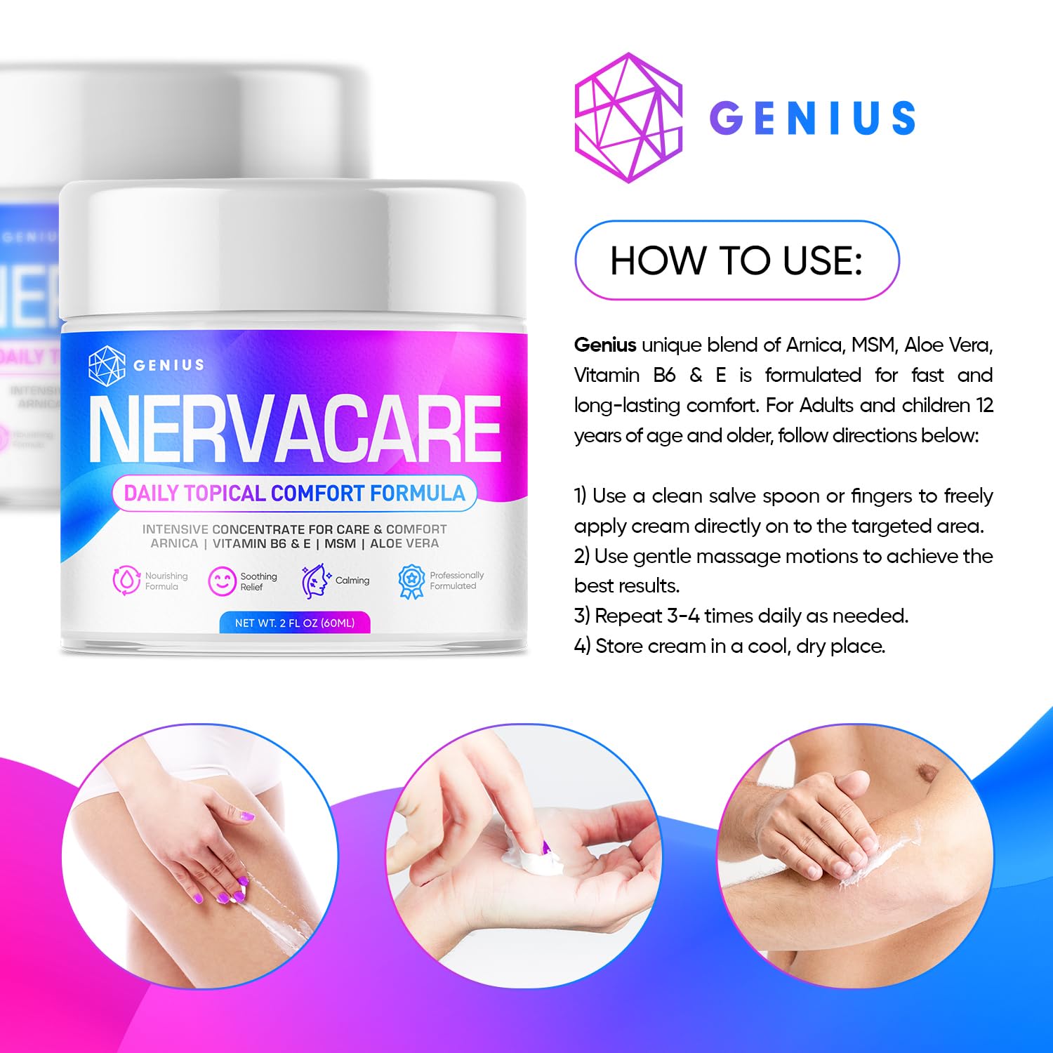 Genius Nervacare – Neuropathy Cream for Feet, Hands, Legs & Toes – Nerve Comfort Cream with Menthol, Arnica, MSM, Vitamin B6, Aloe Vera – Fast-Absorbing, Non-Greasy 2Oz GENIUS CURE Au supplements