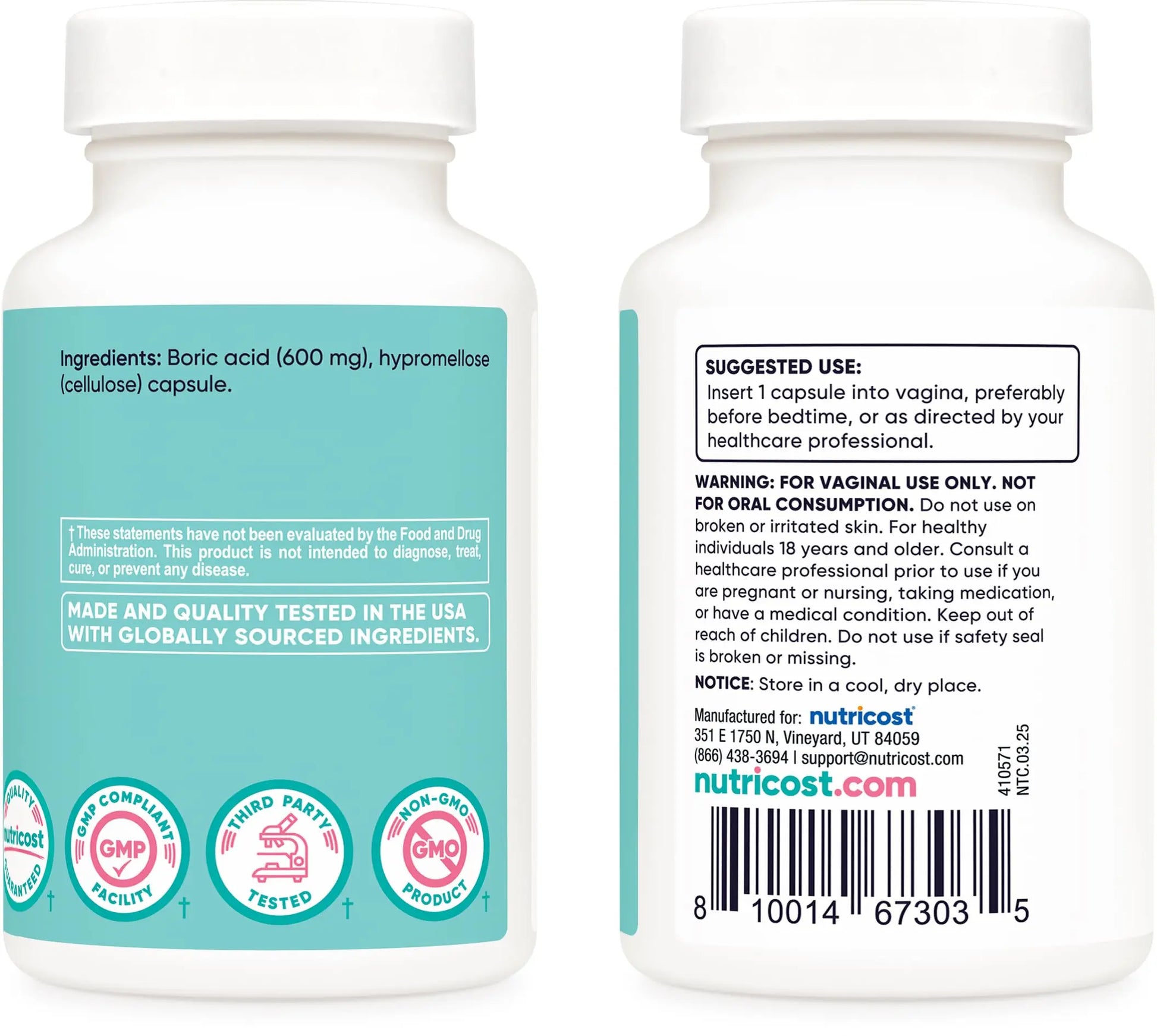 Nutricost Boric Acid 600mg, 30 Capsules - Vaginal Suppository - Non-GMO - for Women Nutricost Au supplements