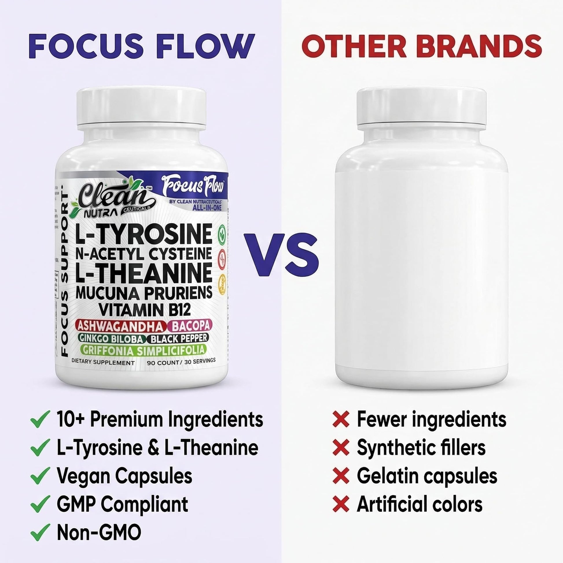Focus Flow L-Tyrosine Vitamin B C D L-Theanine Ashwagandha Ginkgo Biloba Vitamin B12 Thiamine Black Pepper N-Acetylcysteine Mucuna Pruriens 90 Count Capsules by Clean Nutra Clean Nutraceuticals Au supplements