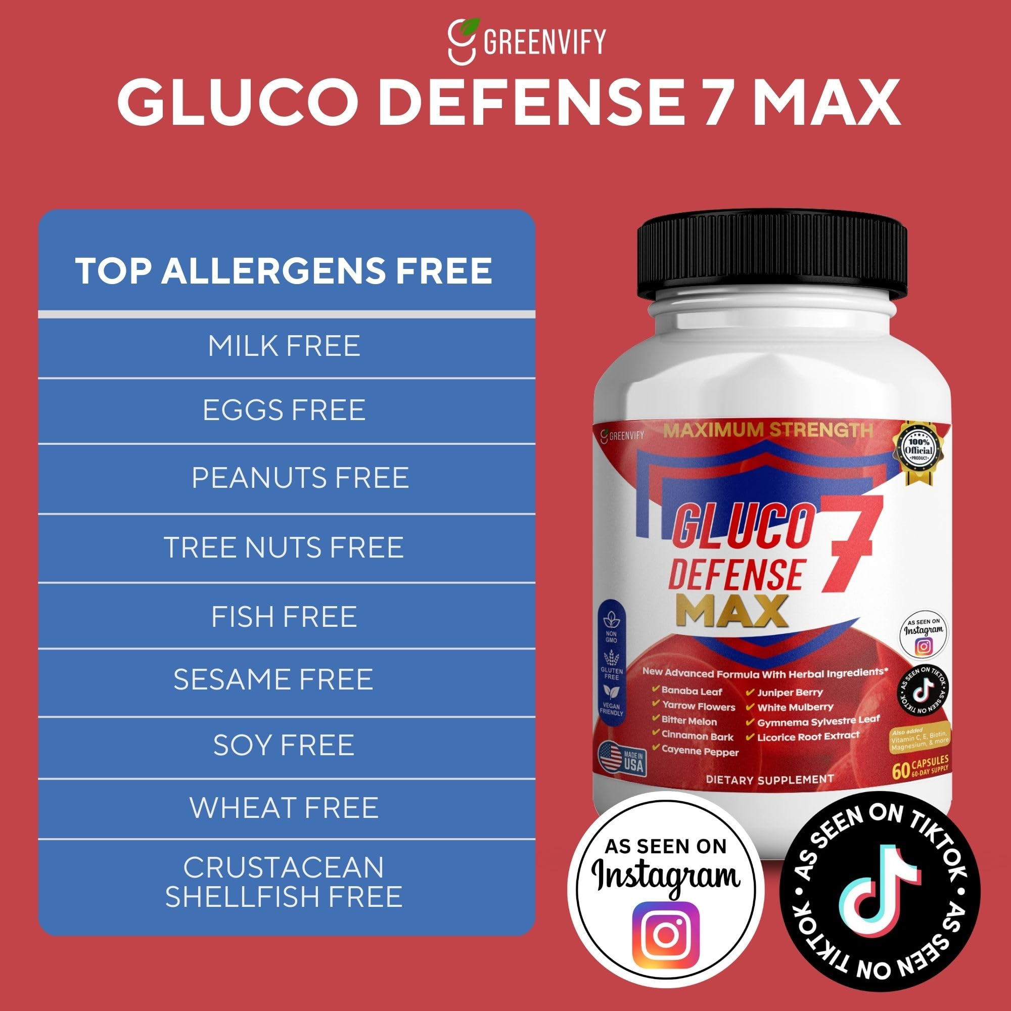 GREENVIFY Gluco Defense 7 Max, Maximum Strength Dietary Supplement, 60 Capsules, with Banaba Leaf, Juniper Berry, Yarrow Flowers (1) GREENVIFY Au supplements