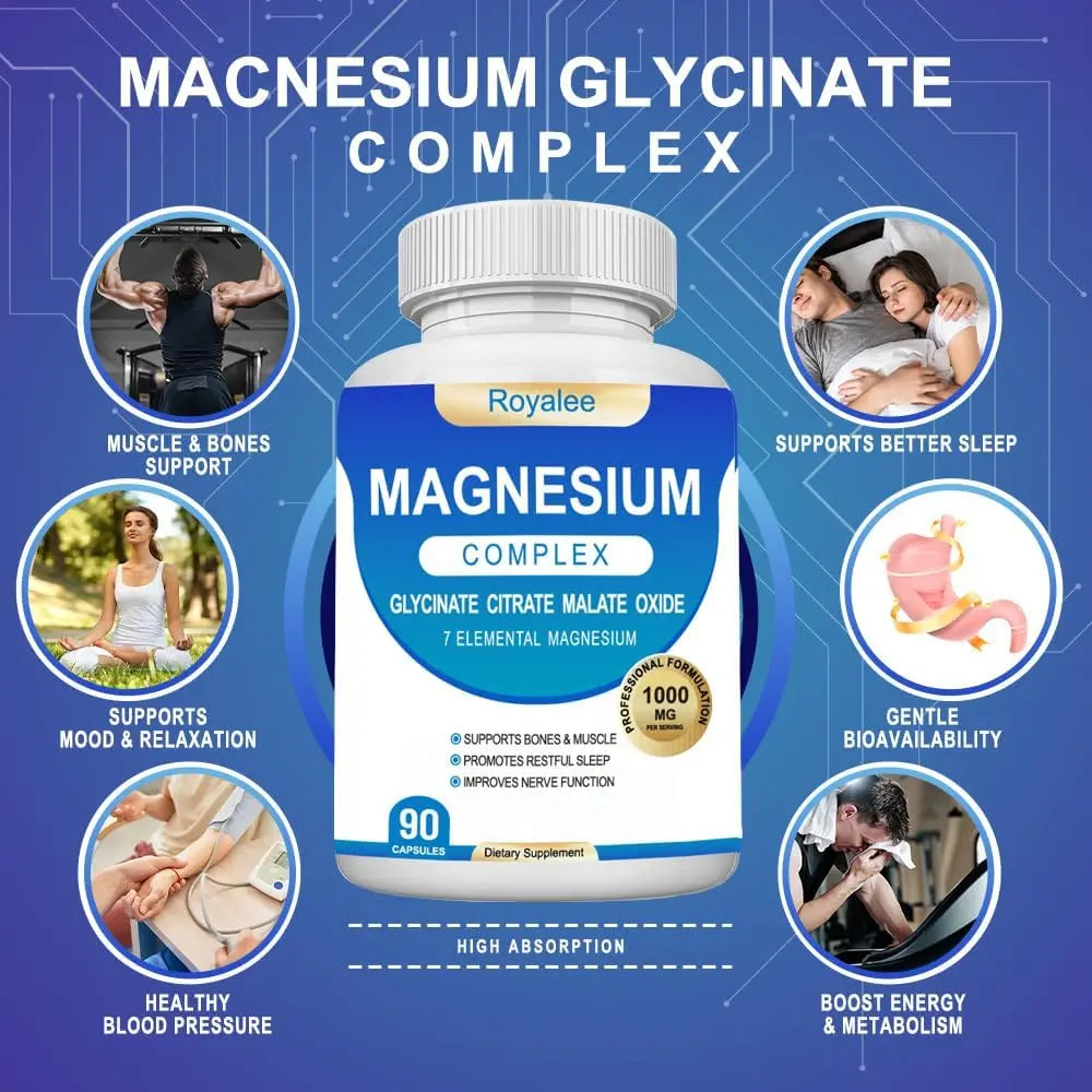 Magnesium Complex Supplement - 1000mg with 7 Magnesium Forms Including Glycinate, Citrate, Malate, Taurate & Orotate - Supports Relaxation, Muscle Function & Bone Strength - 90 Capsules Royalee Au supplements