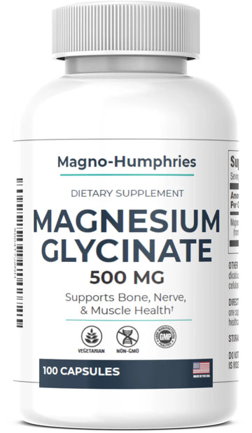 Magno-Humphries Magnesium Glycinate 500 mg - 100 Capsules | Gentle Chelated Form | Muscle, Nerve & Bone Support | Dietary Supplement | GMP Manufactured in The USA Magno-Humphries Au supplements