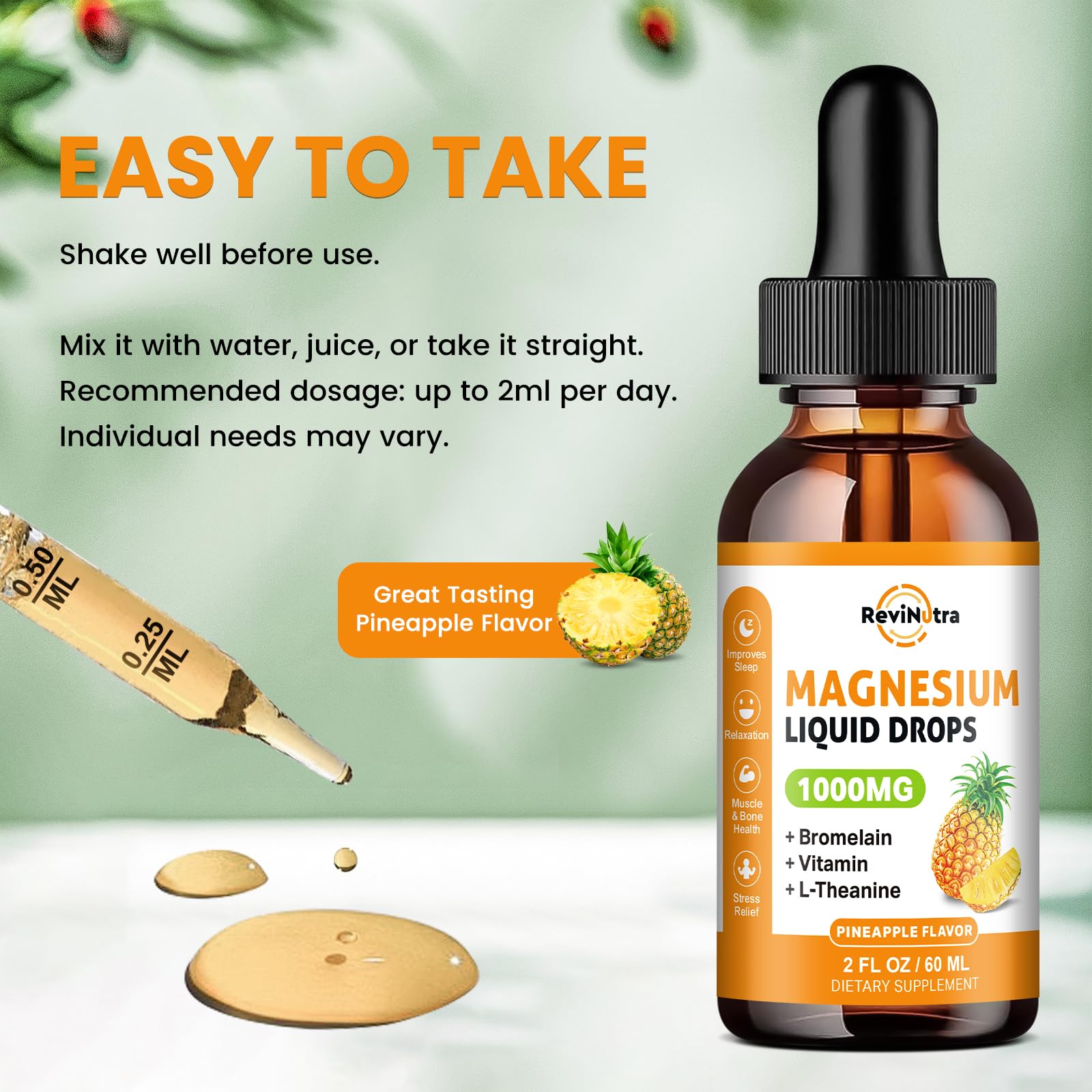 Magnesium Glycinate Liquid Drops, 1000mg of Liquid Magnesium Complex Supplement for Sleep, Nerve, Energy, Muscle, Bone, Calm & Digestion, High Absorption, 2 Fl Oz, Sugar-Free Pineapple Flavor ReviNutra Au supplements