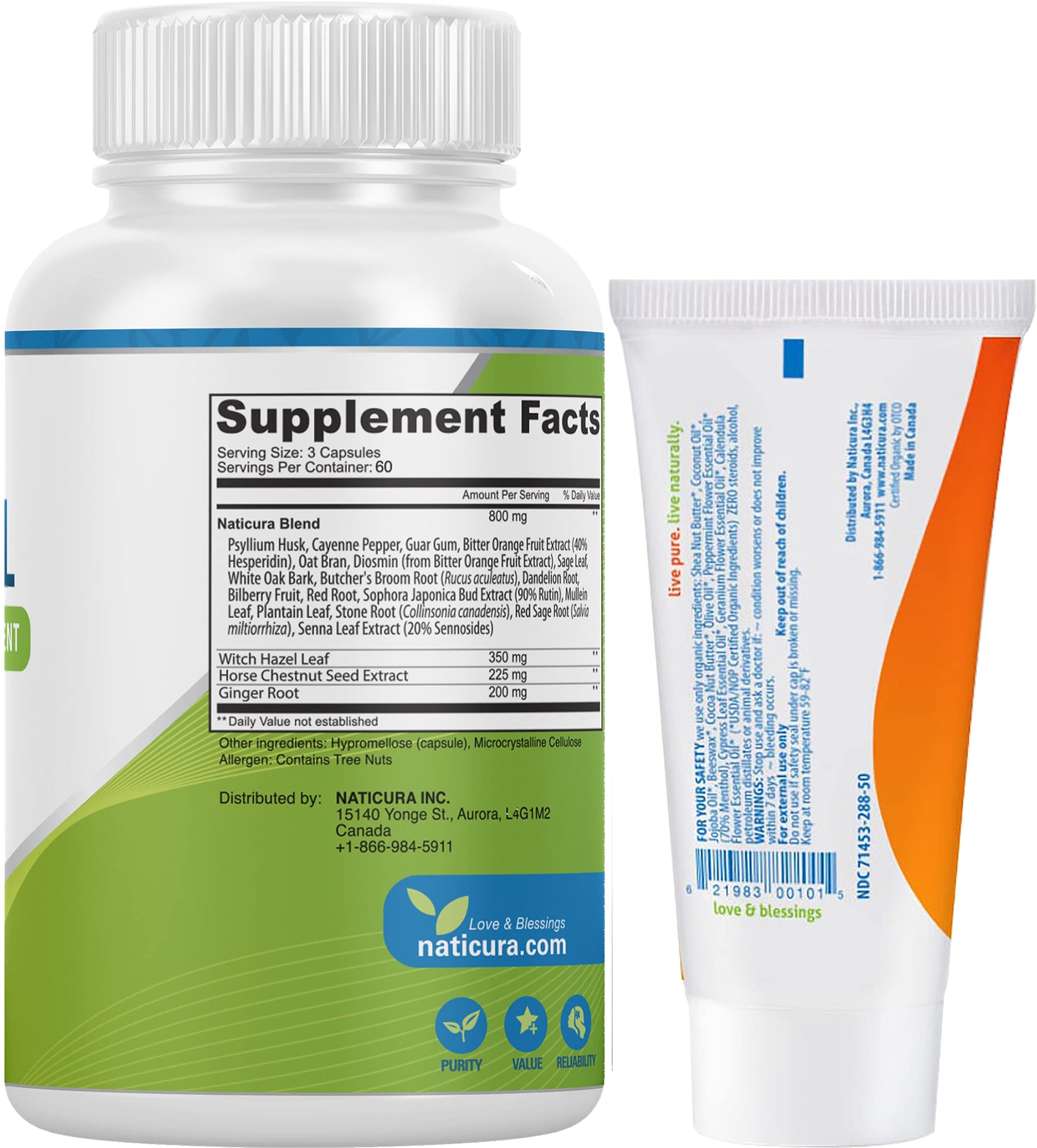 Naticura Bundle - Hem-Control Vegan Digestive Support Supplement (180 Count) and Alleviate Natural Hemorrhoid Relief Cream for Burning, Itching and Swelling (1.7 oz) Plus 2 Travel-Size Tubes Naticura Au supplements