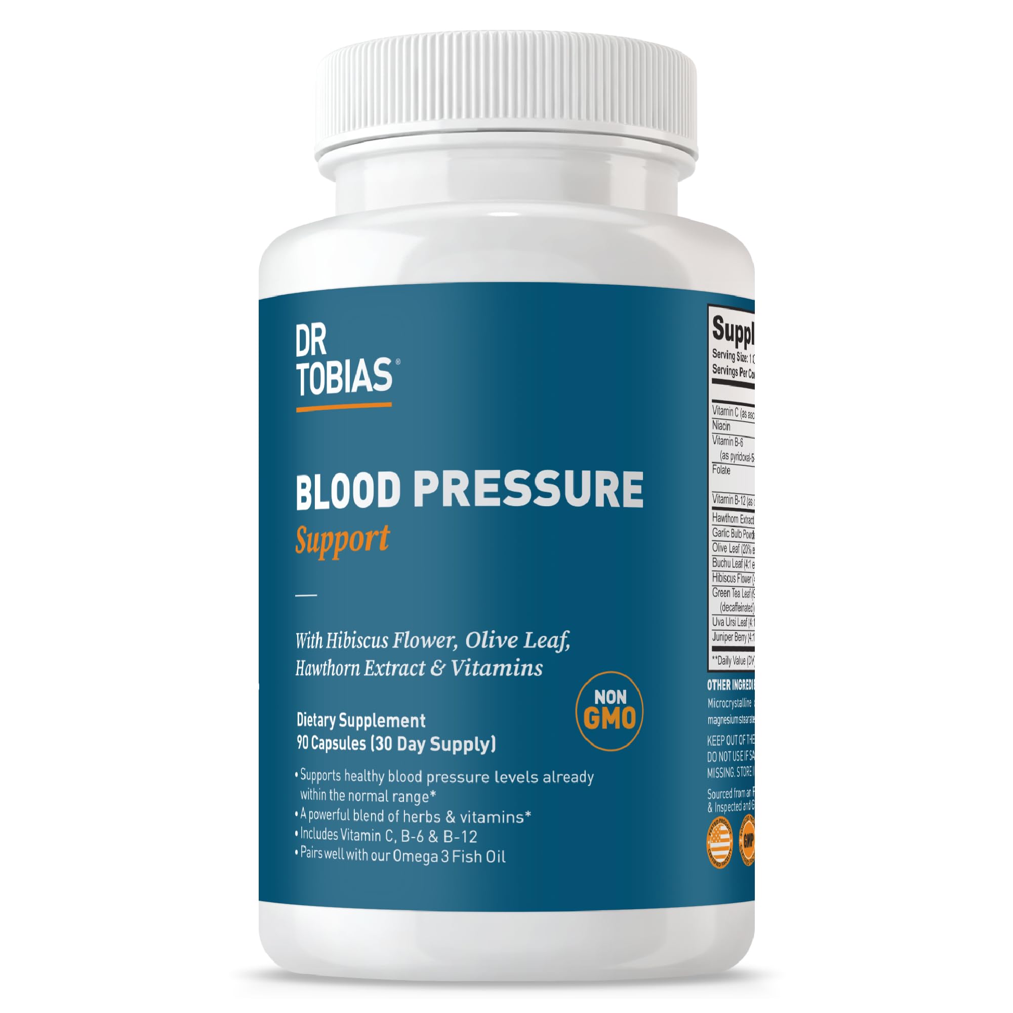 Dr. Tobias Blood Pressure Support Supplement with Hawthorn, Hibiscus Flower, Olive Leaf & Garlic, Supports Normal Circulatory Health with Vitamins C, B6, B12, Niacin, Folate & Herbs, 90 Capsules Dr. Tobias Au supplements