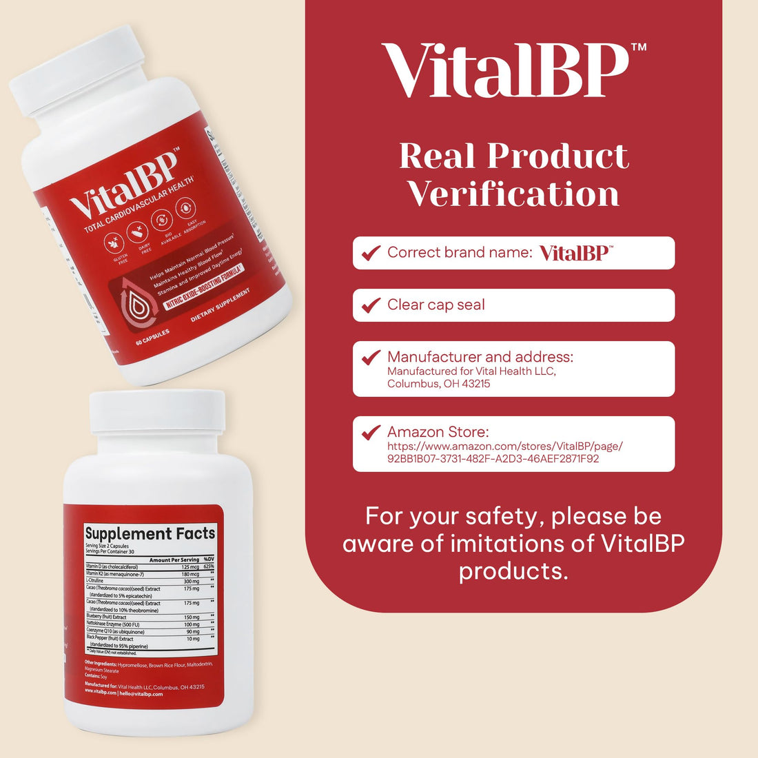 Vital BP - Support for Normal Blood Pressure - Supports Blood Flow & Arteries - with CoQ10, L-Citrulline, and K2 & D3-60 Capsules