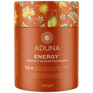 Aduna Organic Energy Superfood Blend | 100% Natural Stir-in Blend With 10+ Superfoods for Natural Energy, Focus & Reduced Tiredness | Vegan Powder for Yogurt, Juices, & Smoothies | 250g Aduna Au supplements