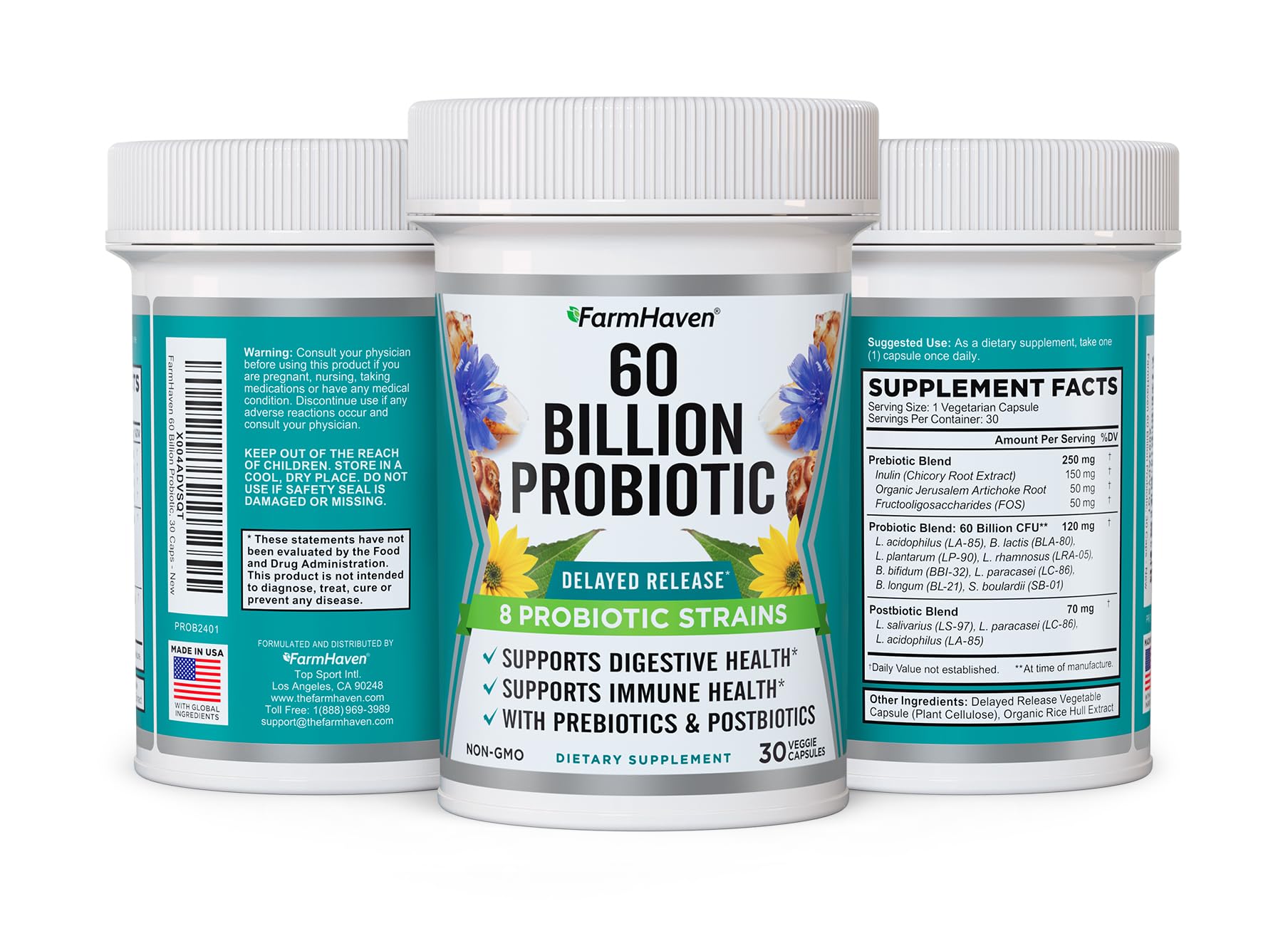 FarmHaven 60 Billion CFU Probiotic - 8 Probiotic Strains - Prebiotics & Postbiotics - Supports Digestive & Immune Health - Delayed Release - Shelf Stable -