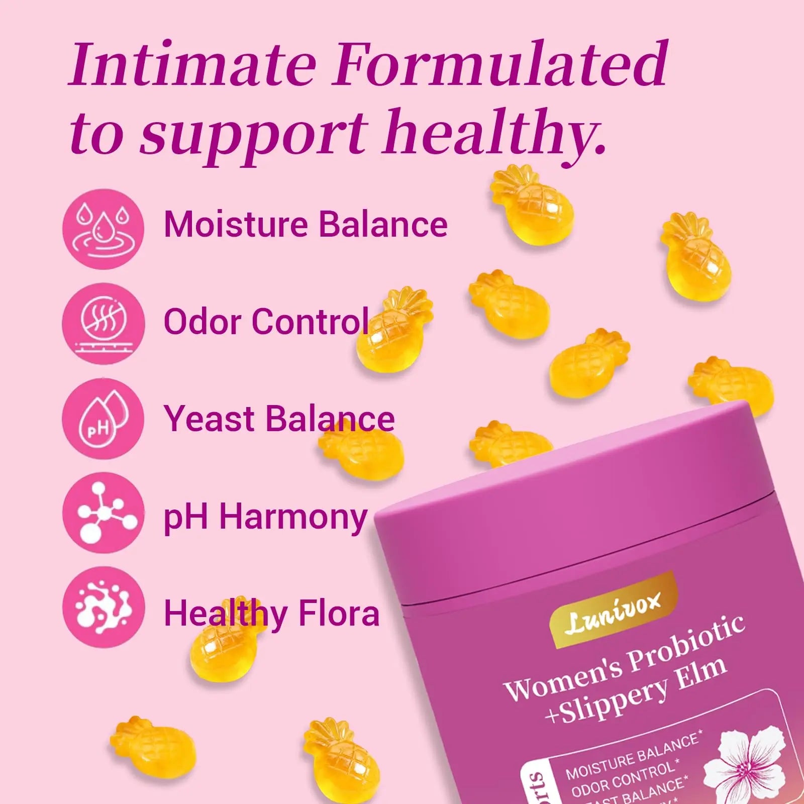 Lunivox Her Juicy Feminine Probiotics Gummies for Women, with Prebiotics & Slippery Elm - Promotes pH Balance, Gut Health & Immune Support - Pineapple Flavor, 60 Count Lunivox Au supplements