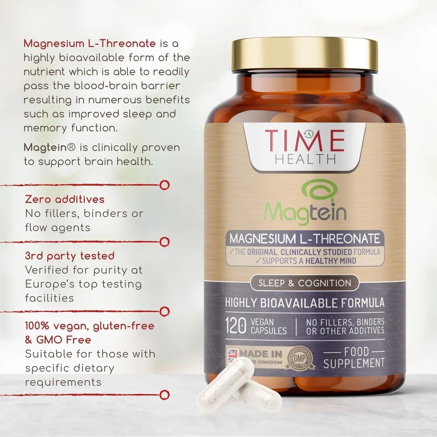 Magtein® Magnesium – 120 Capsules – High Strength 2100mg – Highly Bioavailable Time Health Au supplements