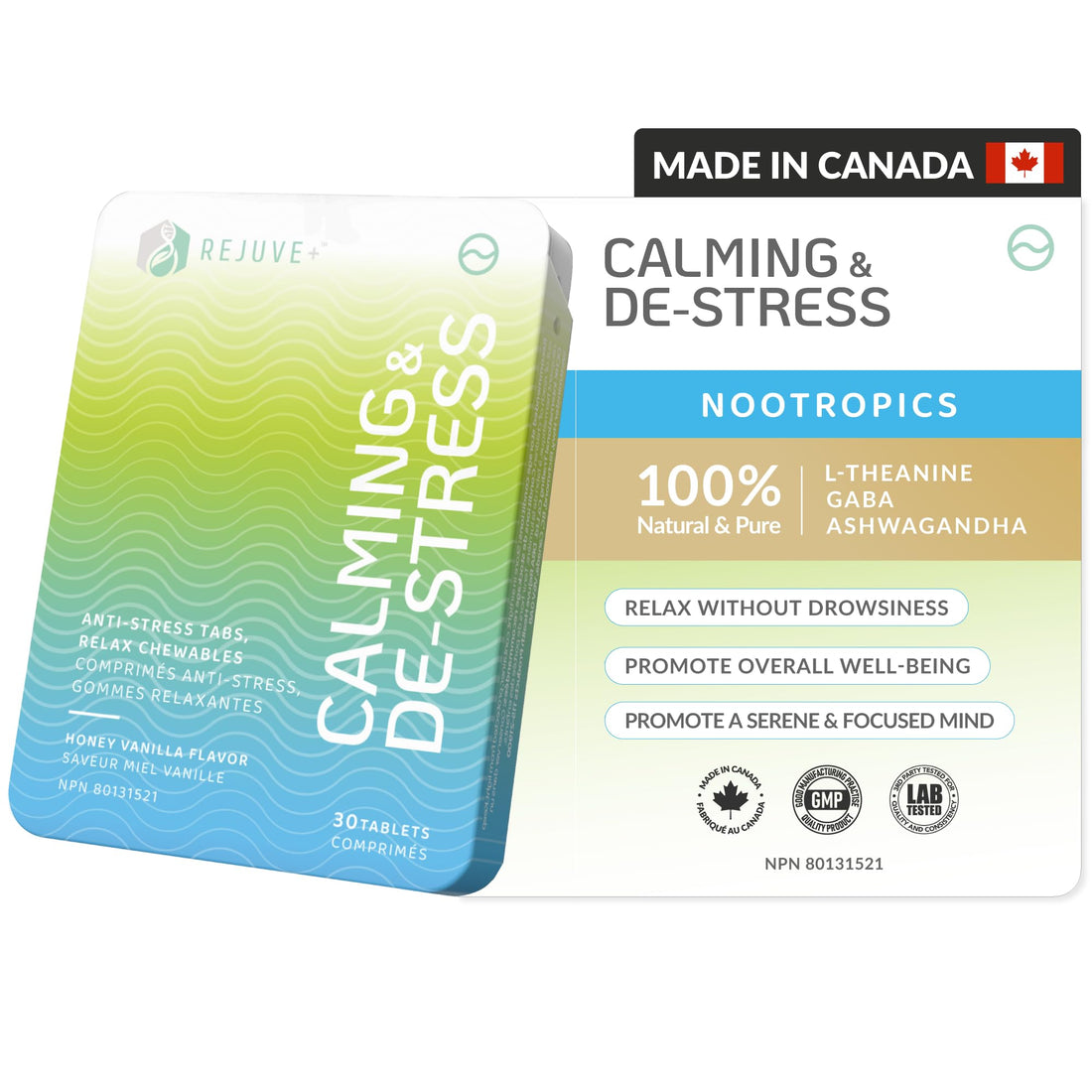 REJUVE+ Calm & Destress Nootropic Supplement – Brain Boost | L-Theanine, GABA, Ashwagandha, Vitamin D | Natural Stress Relief & Relaxation | Sleep Enhancer | Mood Enhancer | Honey Vanilla Flavor (1) REJUVE+ Au supplements