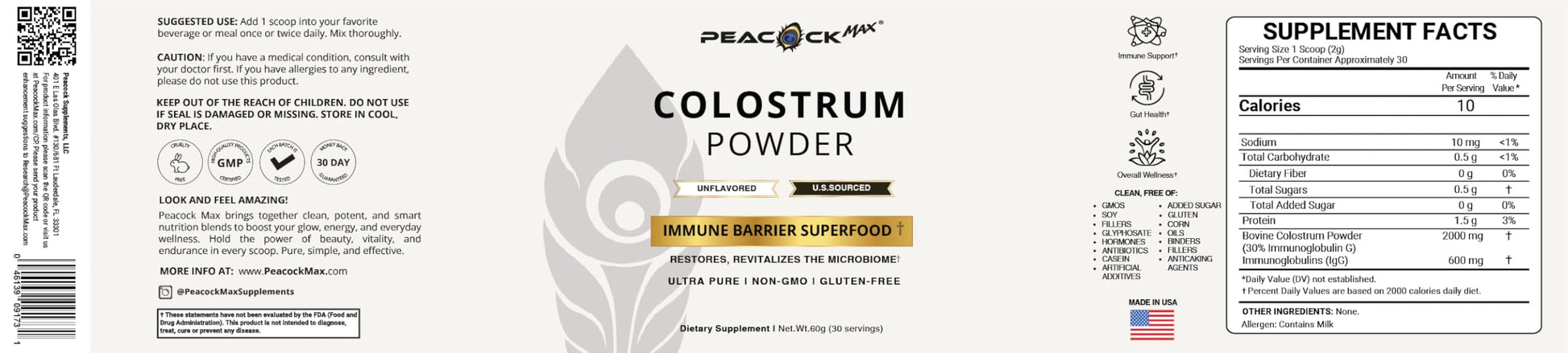 Peacock Max Colostrum Powder – 60g (30 Servings), Unflavored Bovine Colostrum Supplement, Superfood for Hair, Skin & Gut Health, Gluten-Free, Non-GMO Peacock Max Au supplements