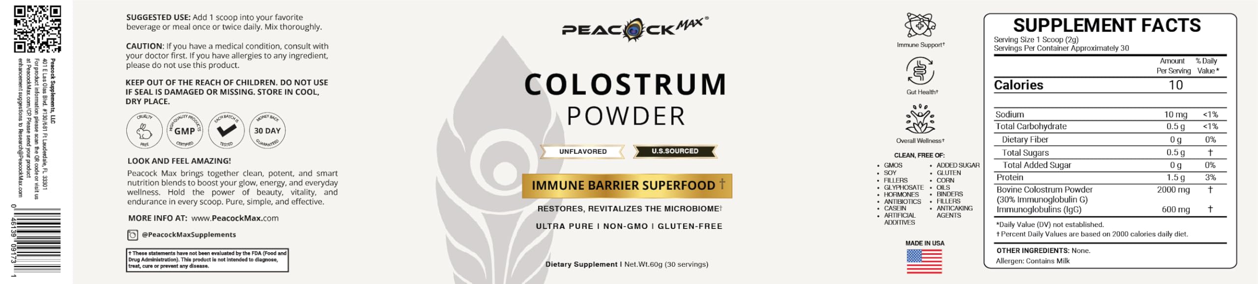 Peacock Max Colostrum Powder – 60g (30 Servings), Unflavored Bovine Colostrum Supplement, Superfood for Hair, Skin & Gut Health, Gluten-Free, Non-GMO Peacock Max Au supplements