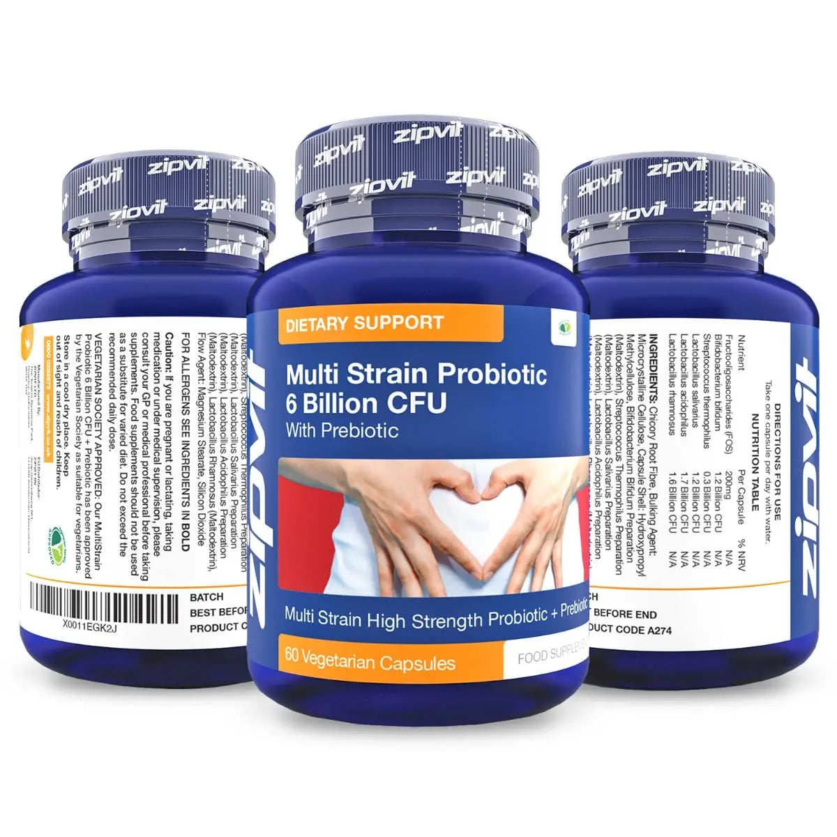 Probiotic 6 Billion Multi-Strain Live Bio Cultures Complex with Prebiotic, 60 Vegetarian Zipvit Au supplements