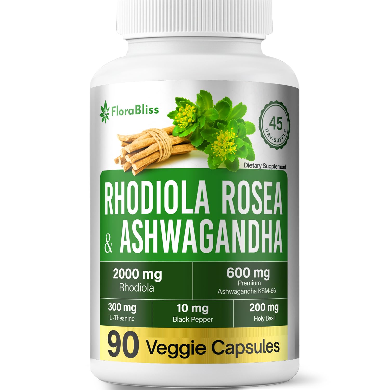 FloraBliss Rhodiola Rosea with Ashwagandha KSM-66, L-Theanine, Holy Basil & Black Pepper - 90 High Potency Vegan Capsules - 45-Day Supply FloraBliss Au supplements