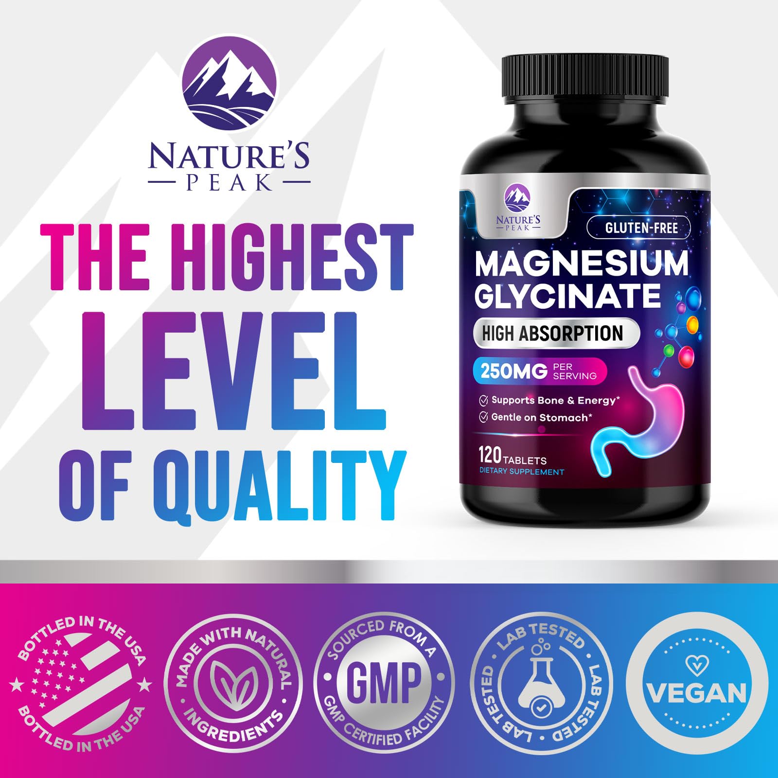 Magnesium Glycinate Supplement 250mg - 100% Chelated & Purified - to Support Sleep, Heart Health, Muscles, & Bone Strength - Best Absorption Magnesium Glycinate Capsules, Bottled in USA - 120 Tablets Nature's Peak Au supplements