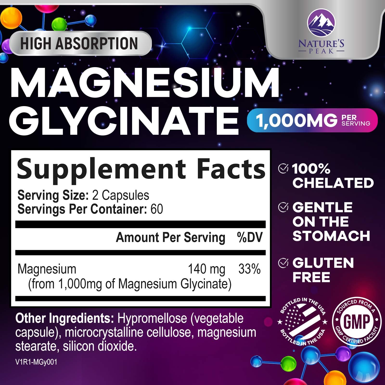 Magnesium Glycinate Capsules 1000mg Per Serving - Pure & Chelated for Max Absorption - Supports Muscle, Nerve & Heart Health, Sleep Support - Magnesium Supplement for Whole Body Support - 120 Capsules Nature's Peak Au supplements