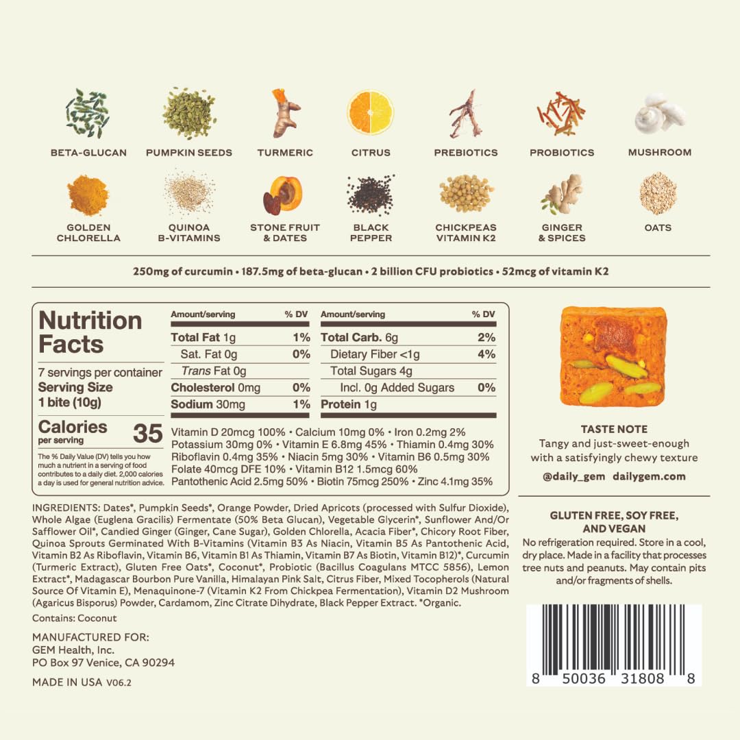 GEM Daily Bite for Women & Men, with 20+ Vitamins, Minerals, & Superfoods Like Zinc, Vitamin D, B-Complex, K, Turmeric, Fiber & Prebiotics, Beta Glucan GLP-1 Support & Immunity (Citrus Ginger,7 count) GEM Au supplements