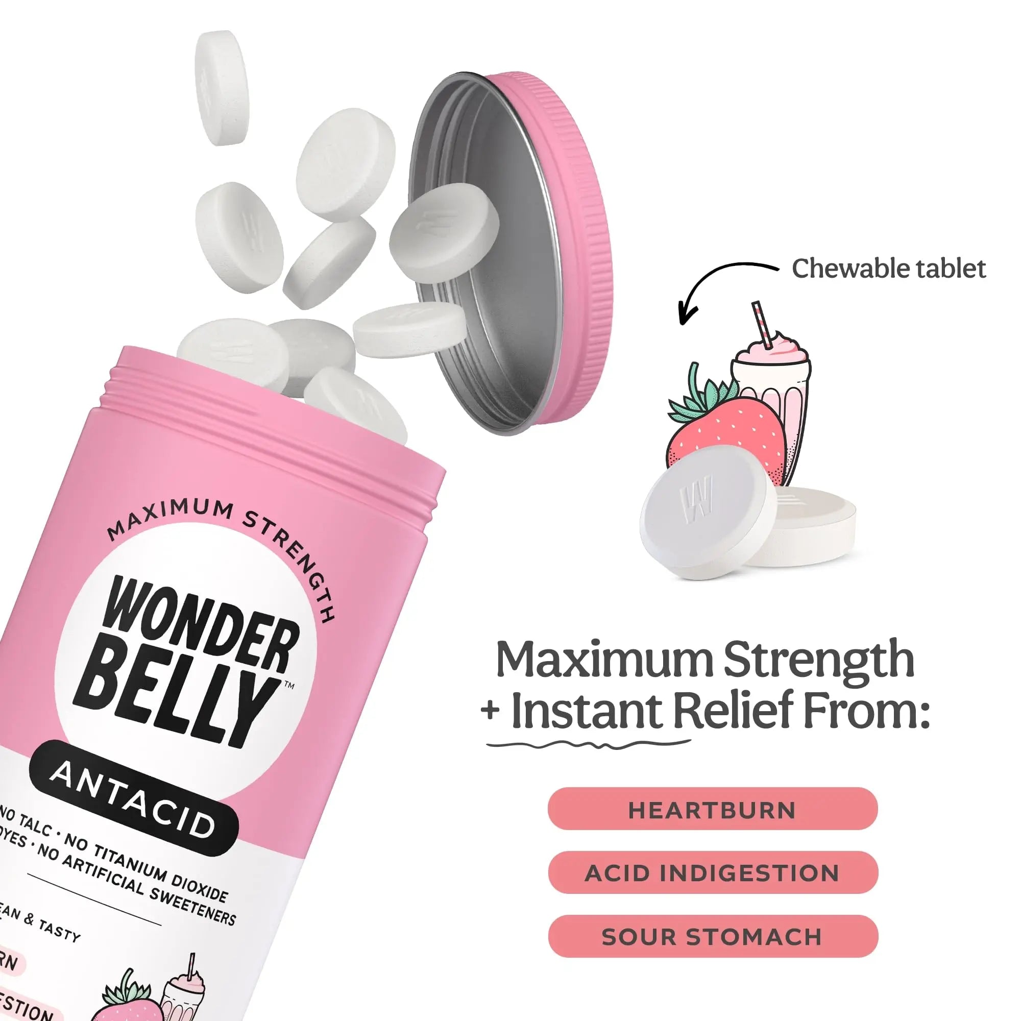 Wonderbelly Antacid, Effective Heartburn and Instant Acid Indigestion Relief, Extra Strength Chewable Tablets, 1000 mg Calcium Carbonate, No Talc or Dye, Strawberry Milkshake, 120 Count Wonderbelly Au supplements
