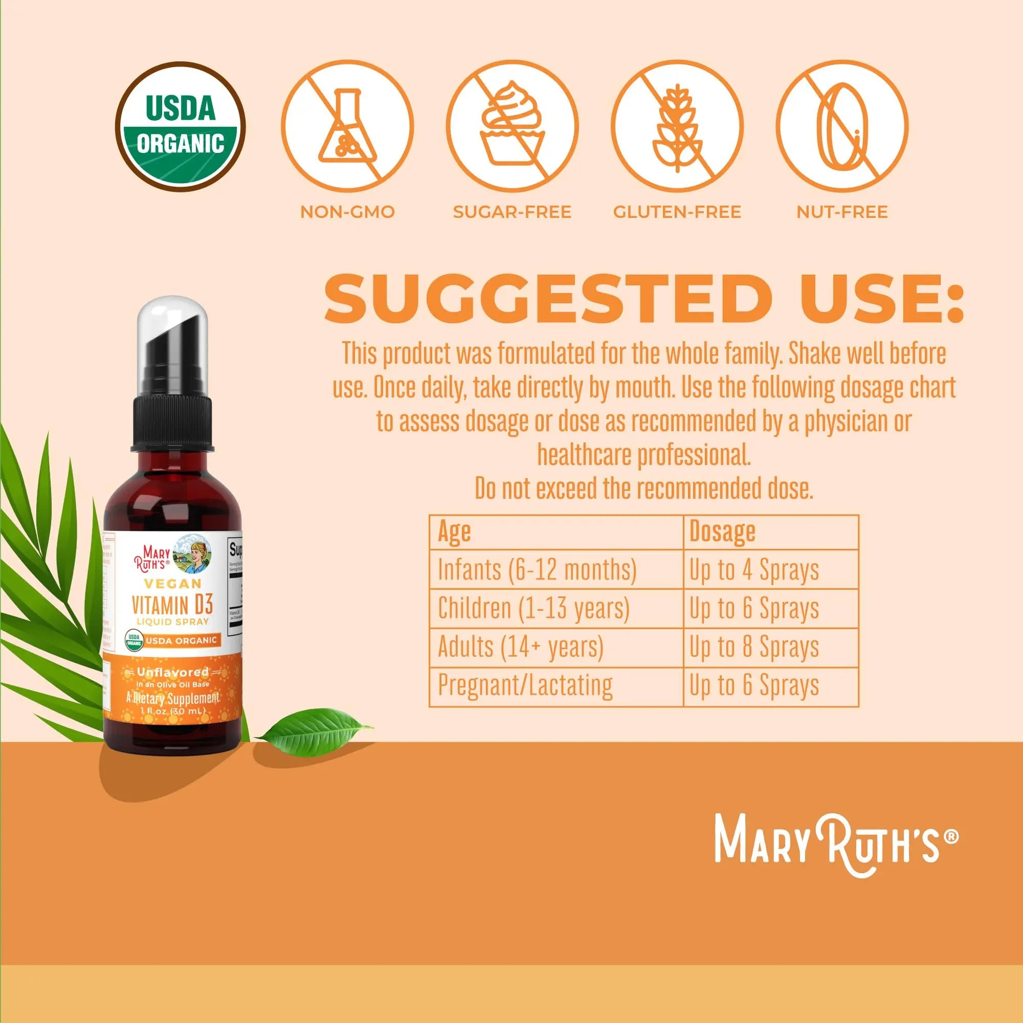 MaryRuth Organics Vitamin D USDA Organic | VIT D3 Liquid | Sugar Free | Liquid VIT D Spray Immune Support for Adults & Kids | Bone Health| Vegan | Gluten Free | Non-GMO | 30 Servings MARYRUTH'S Au supplements