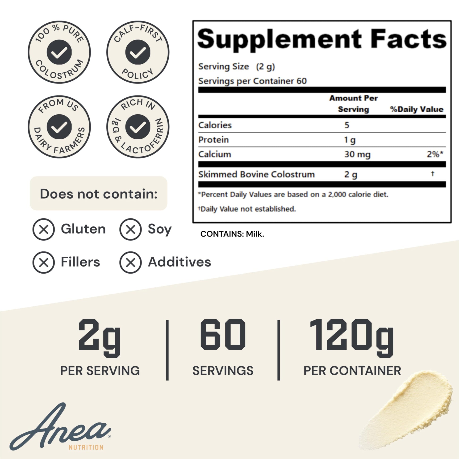 Anea Colostrum - Unflavored | Rich in Immunoglobulins & Lactoferrin | Supports Gut Health, Immunity & Recovery | Calf-First Promise | Made in USA | Made in GMP Facility Anea Nutrition Au supplements