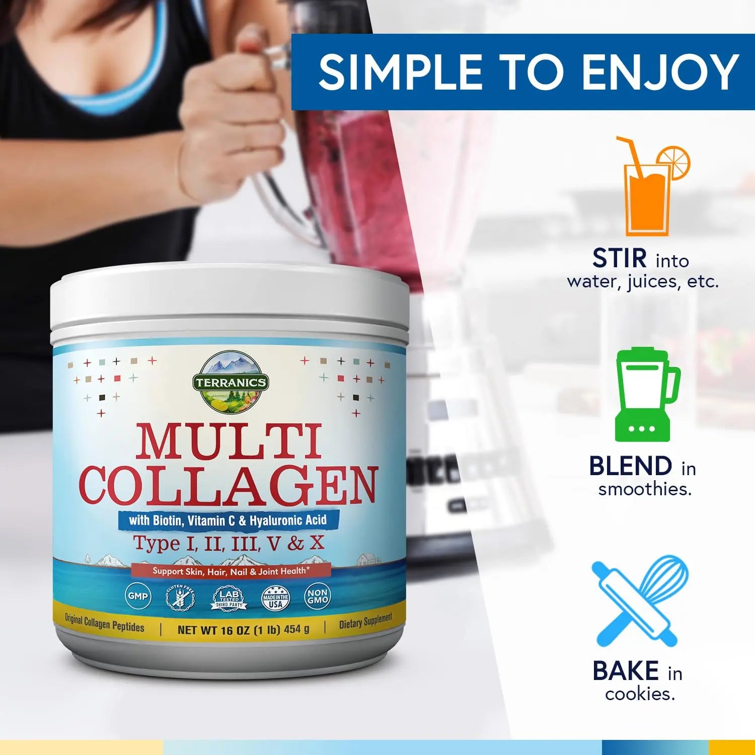 Terranics Multi Collagen Powder Type I II II V X with Biotin VC Hyaluronic Acid, Paleo Terranics Au supplements