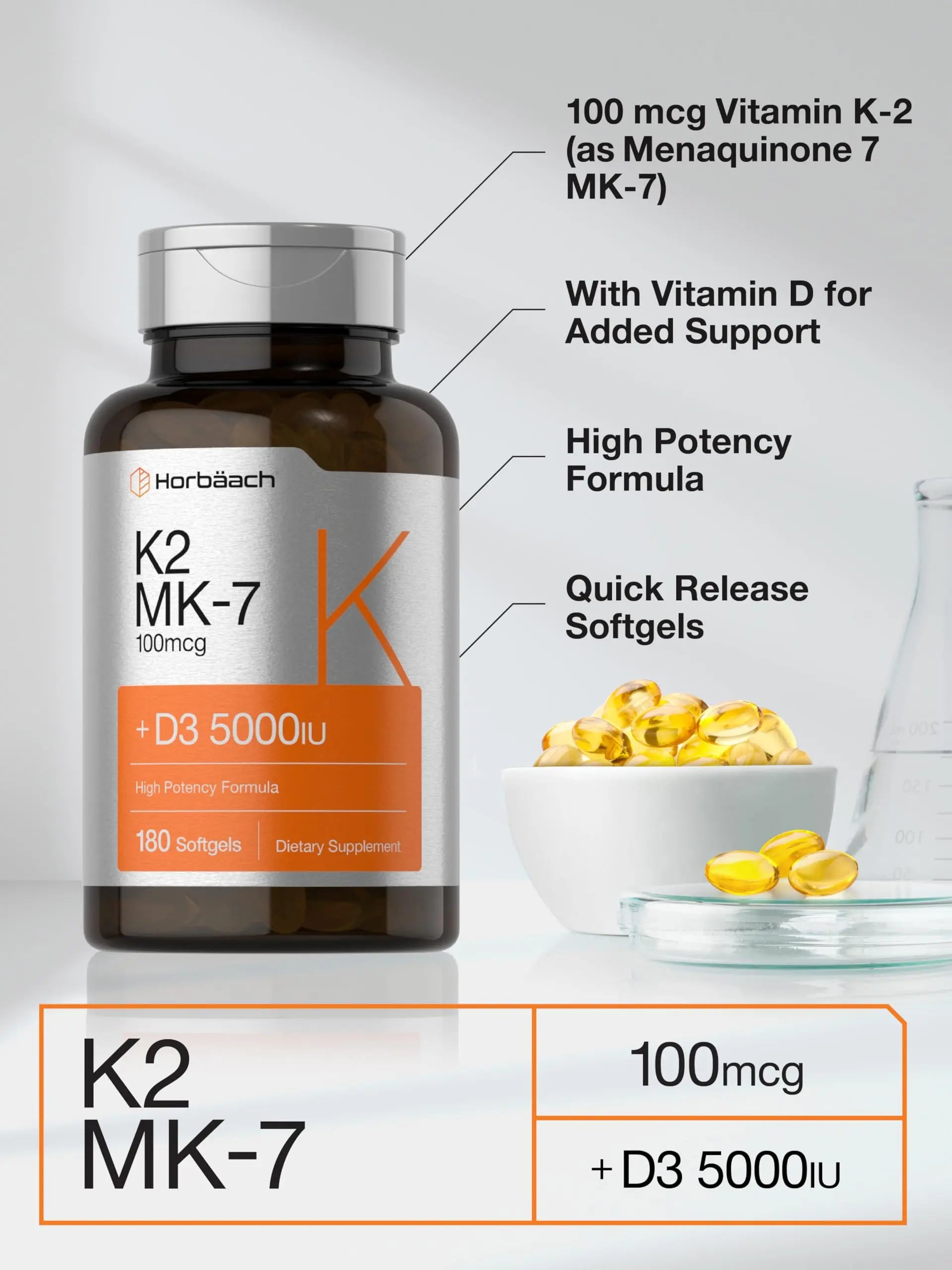 Horbäach Vitamin D3 K2 | 5000iu of Vitamin D & 100mcg MK-7 Complex | 180 Softgel Cap Horbäach Au supplements