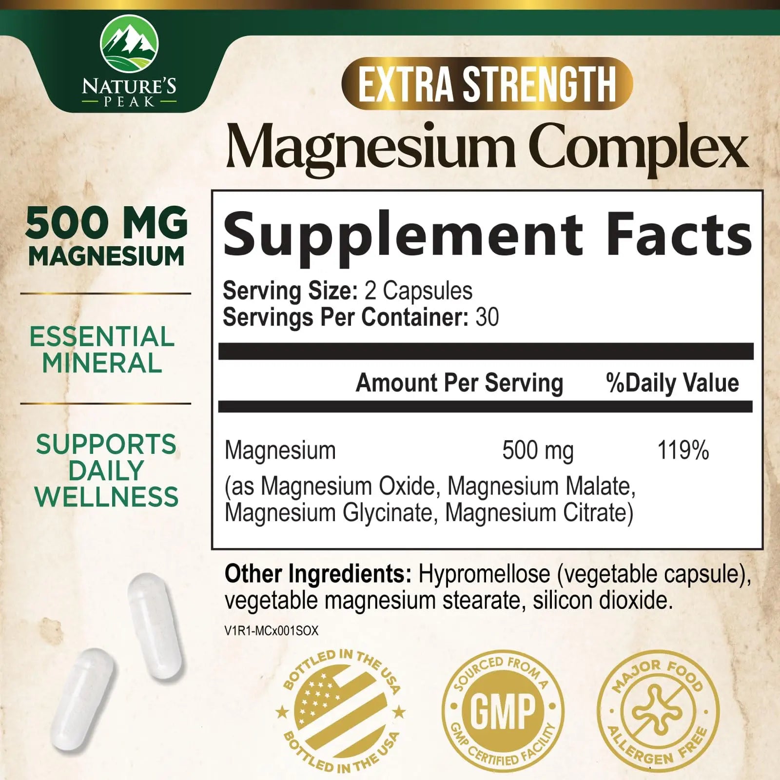 Magnesium Complex Supplement - Magnesium 500mg Per Serving - High Absorption Blend of Glycinate, Citrate, Malate, Oxide - Supports Sleep, Muscle, Bone, Heart Health - Bottled in USA - 60 Capsules Nature's Peak Au supplements