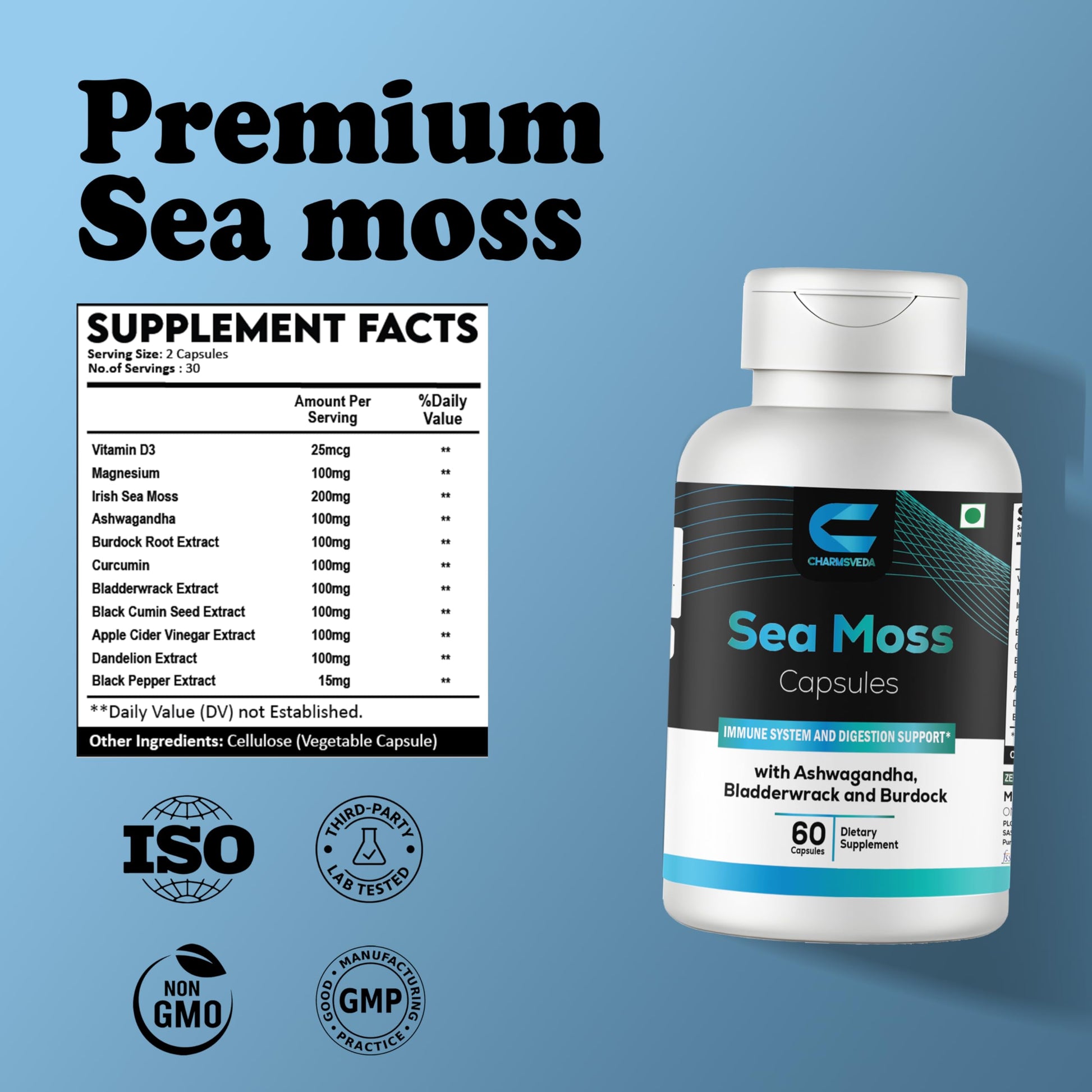 CHARMSVEDA Sea Moss Capsules with Ashwagandha, Bladderwrack & Burdock – Overall Wellness & Immune Support, Support Digestive & Gut Health* – 60 Vegan Capsules CHARMSVEDA Au supplements