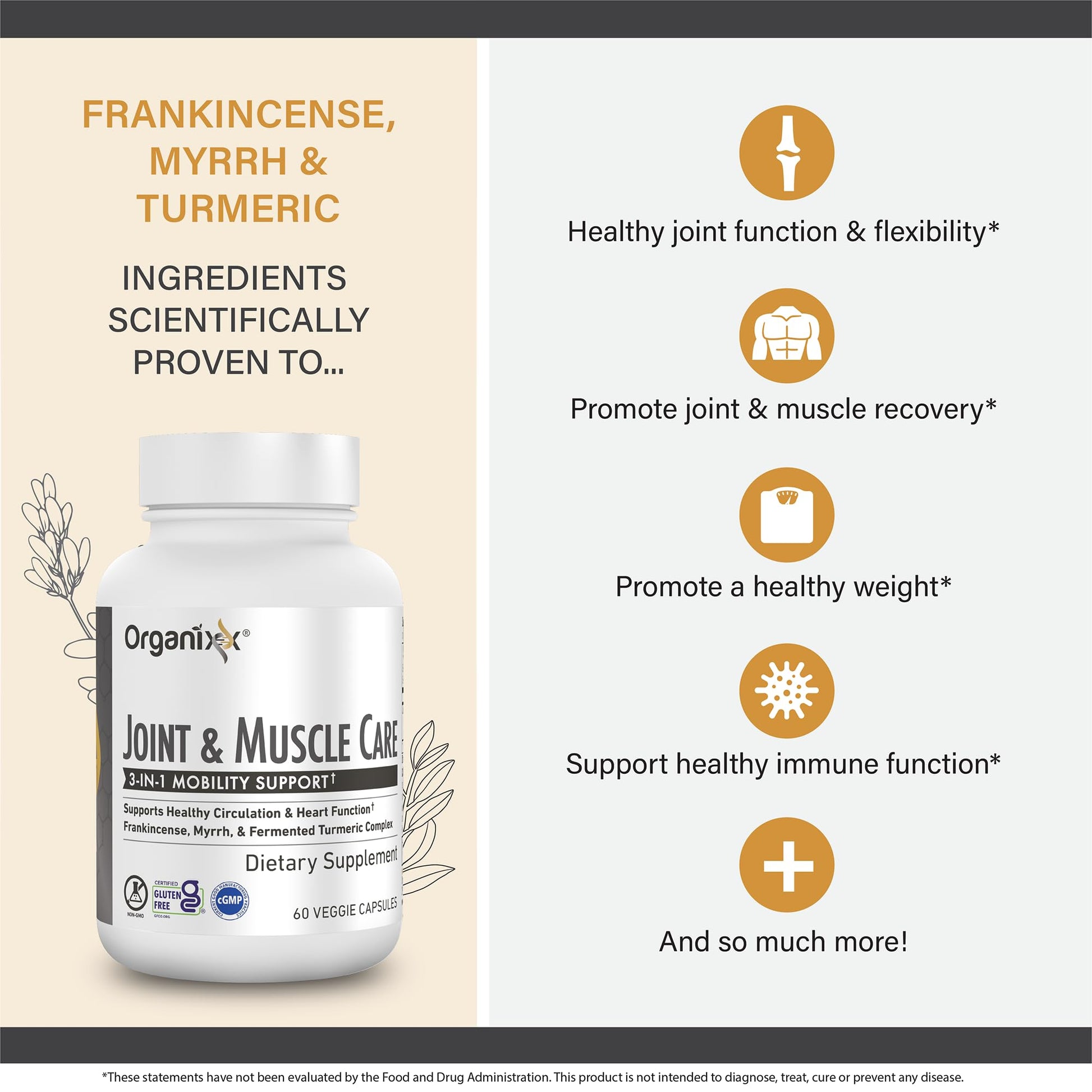 Organixx Joint & Muscle Care Organic Turmeric Supplement, 3-in-1 Frankincense, Turmeric and Myrrh Joint Health & Joint Support Supplement Body Care Capsules, Supports Swelling, Tension, 60 Capsules Organixx Au supplements