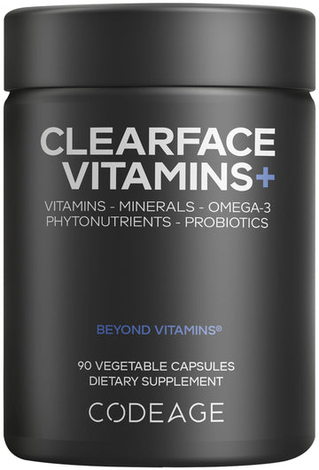 Codeage Clearface Pantothenic Acid, Niacin Supplement, Vitamins A, C, D3, E, Probiotics, Zinc, Riboflavin, Thiamin, L-Lysine HCL & Omega-3, Niacinamide, Skin Botanical Blend - Non-GMO - 90 Capsules Codeage Au supplements