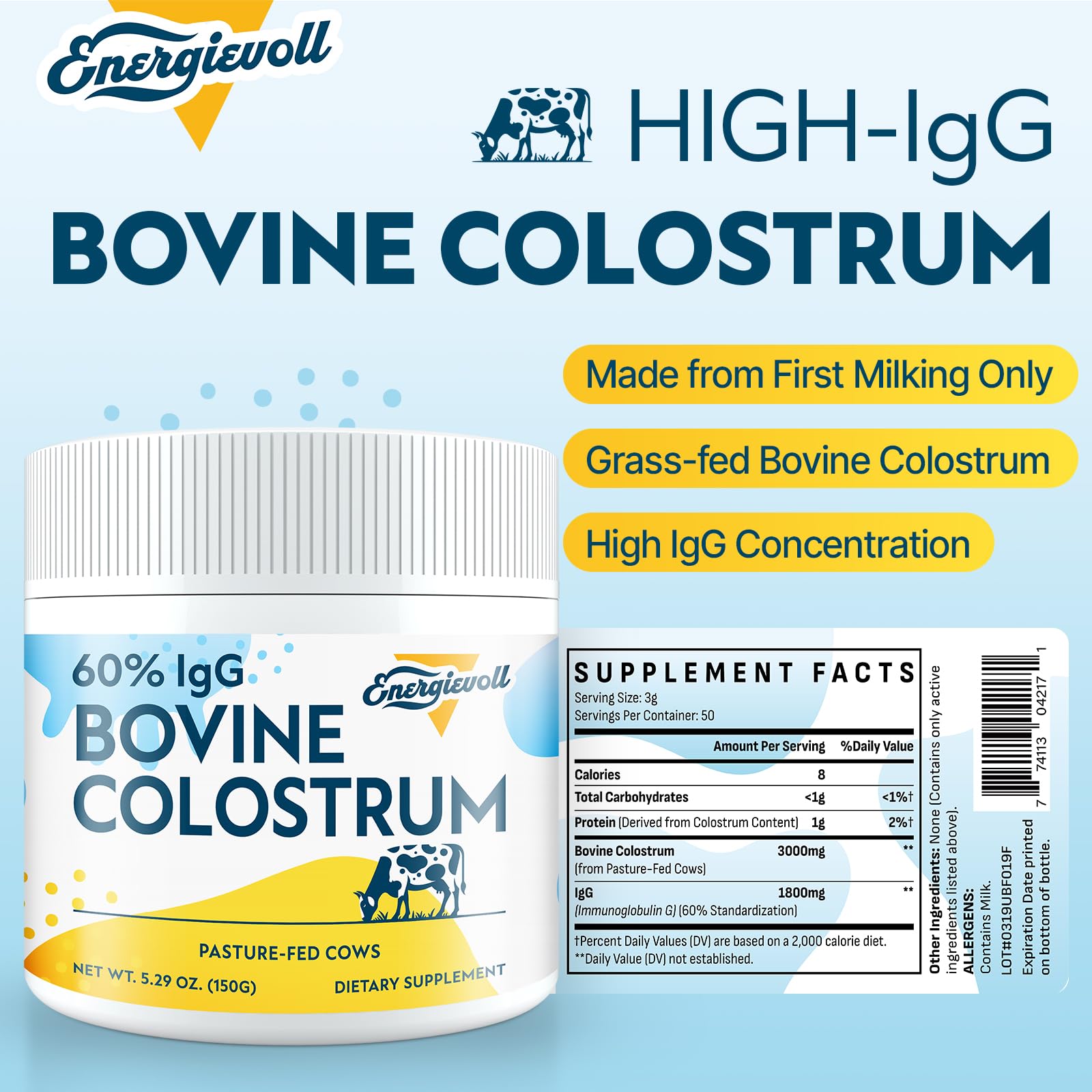 Energievoll Bovine Colostrum Supplement Powder - 60% IgG 3000 mg for Gut, Hair Growth, Beauty, and Immune, Easy to Mix, Unflavored (50 Servings) Energievoll Au supplements