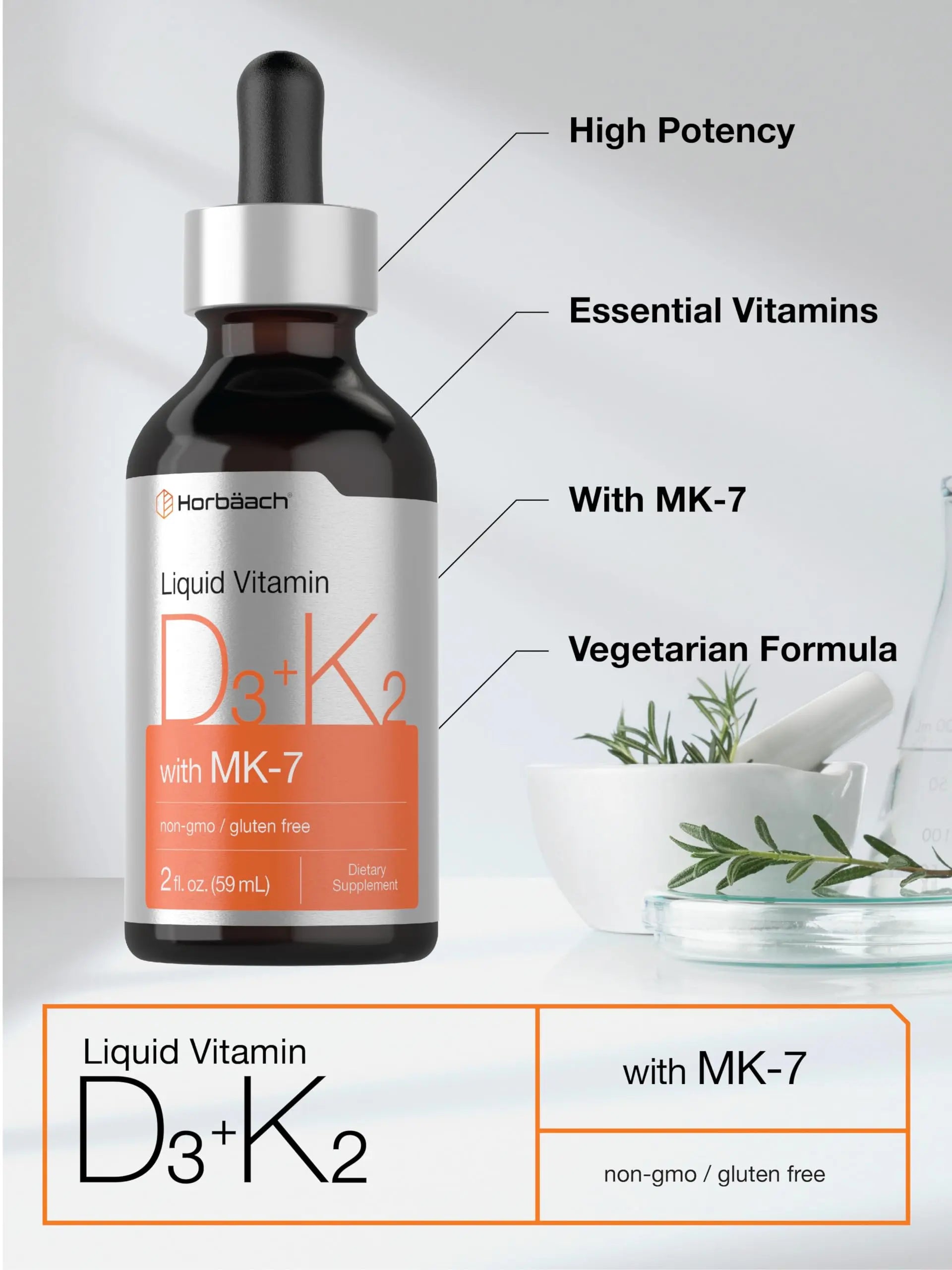 Horbäach Vitamin D3 + K2 Liquid Drops | with MK7 | 2 Fl Oz | Vegetarian | Non-GMO Horbäach Au supplements