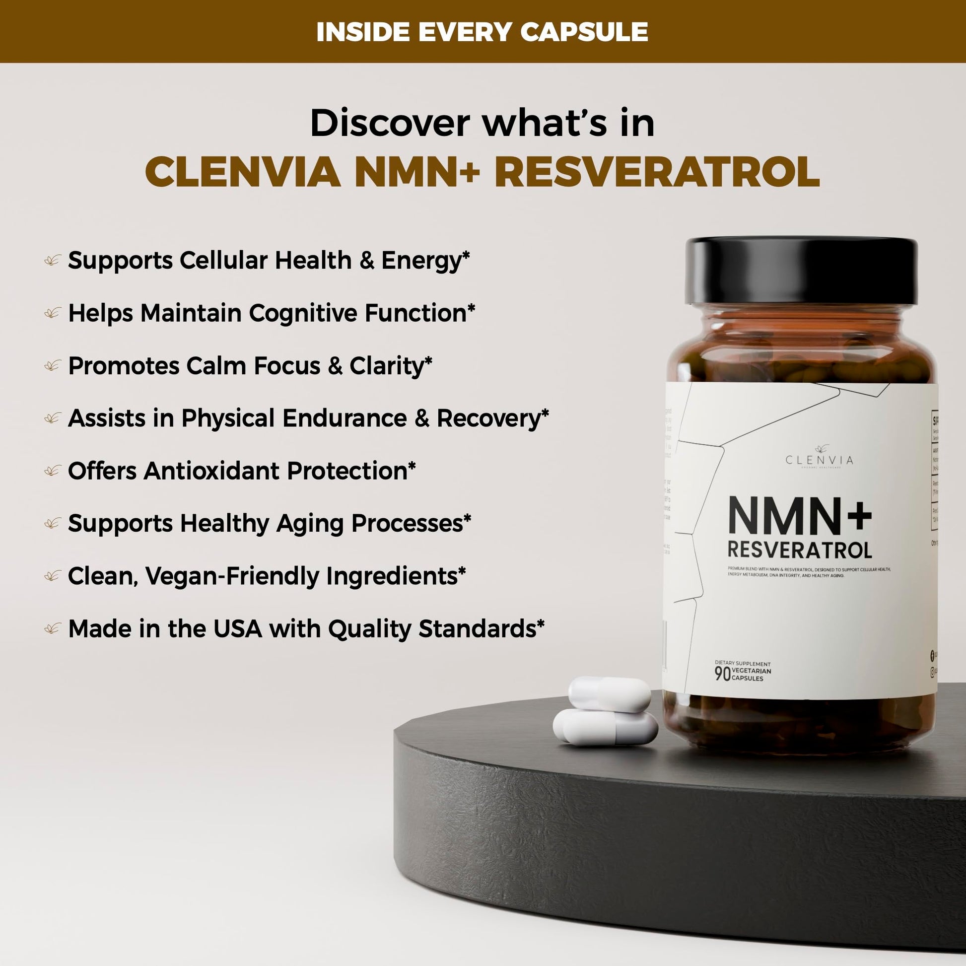 CLENVIA Premium NMN Supplement with Resveratrol – High Potency NAD+ Support Formula – >99.7% Purity – Third-Party Tested – Made in USA – 500mg Nicotinamide + 100mg Resveratrol – 90 Capsules CLENVIA Au supplements