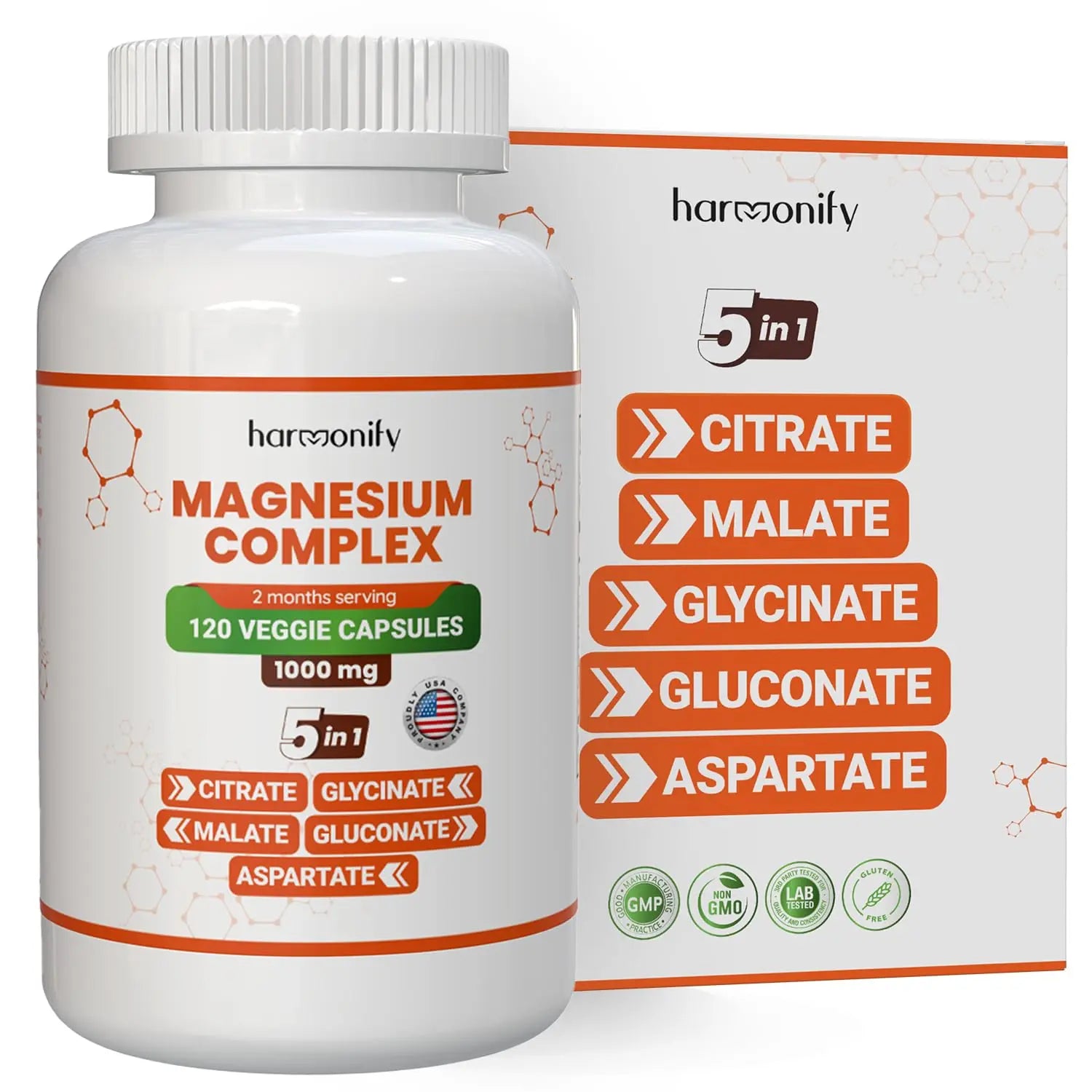 HARMONIFY Magnesium Glycinate Citrate Malate Aspartate Gluconate, 5 in 1 Formula, 120 Purified Veggie Capsule, 1000 mg, Gluten Free, Non-GMO, 60 Days Serving HARMONIFY Au supplements