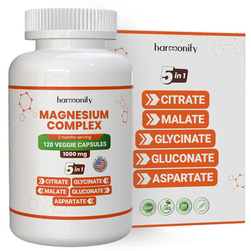 HARMONIFY Magnesium Glycinate Citrate Malate Aspartate Gluconate, 5 in 1 Formula, 120 Purified Veggie Capsule, 1000 mg, Gluten Free, Non-GMO, 60 Days Serving HARMONIFY Au supplements