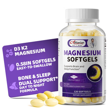 Magnesium Glycinate 400mg Softgels, Small Easy to Swallow High Absorption Magnesium Supplement, with Vitamin D3 & K2 for Sleep Relax Calm Muscle Bone* Health, 120 Gelcaps Alliwise Au supplements