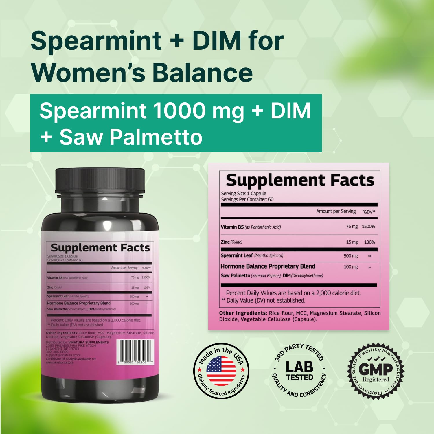 VINATURA Spearmint Leaf Capsules Supplement - Enhanced with DIM & Saw Palmetto, for Unwanted Hair, Women' Health & Skin *USA Made & Tested* - 1380mg/serving, 60 Capsules (30 Servings) VINATURA Au supplements
