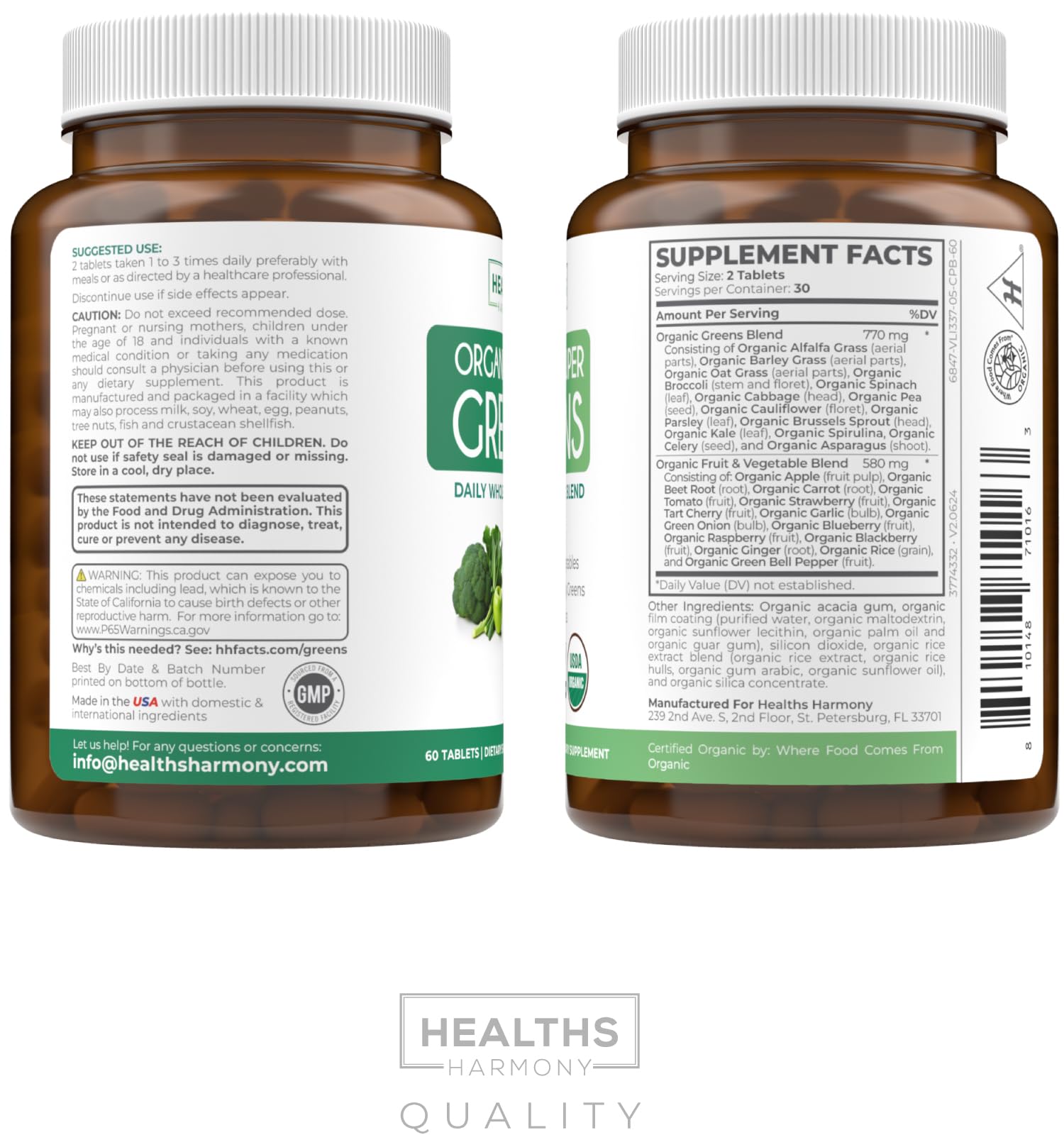 USDA Organic Super Greens Supplement - Organic Greens Fruits and Vegetable Supplement for Adults with 28 Superfood Complex with Superfruits Roots Herbs & More - Vegan & Non-GMO (Up to 1 Month Supply) Healths Harmony Au supplements