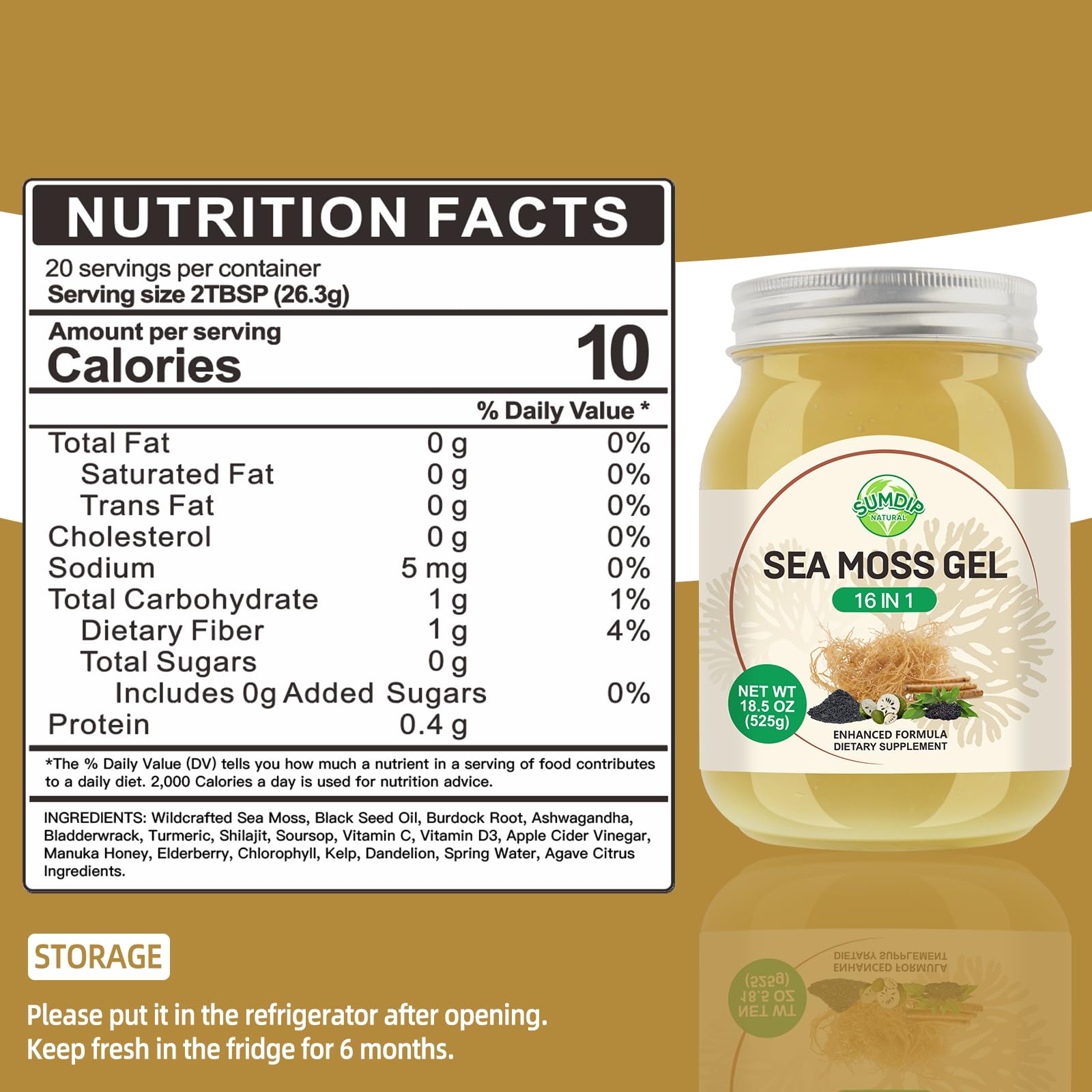 Sea Moss Gel - 18.5 oz Irish Seamoss Gel with Black Seed Oil and Ashwagandha, 16 in 1 Vegan Superfood Rich in Vitamins & Minerals, Raw Wildcrafted Seamoss for Immune & Digestion Support, Original SumDIP Au supplements