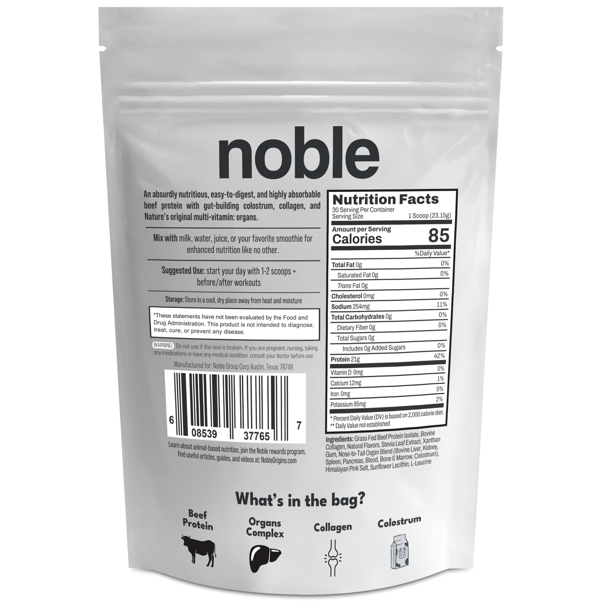 Noble Grass Fed Beef Protein Powder | Beef Protein w/Collagen, Colostrum, Organ Blend | Carnivore, Keto Friendly | Whey, Gluten Free | Muscle, Gut Health, Skin, Joint Support | 30 Servings, Vanilla Noble Origins Au supplements