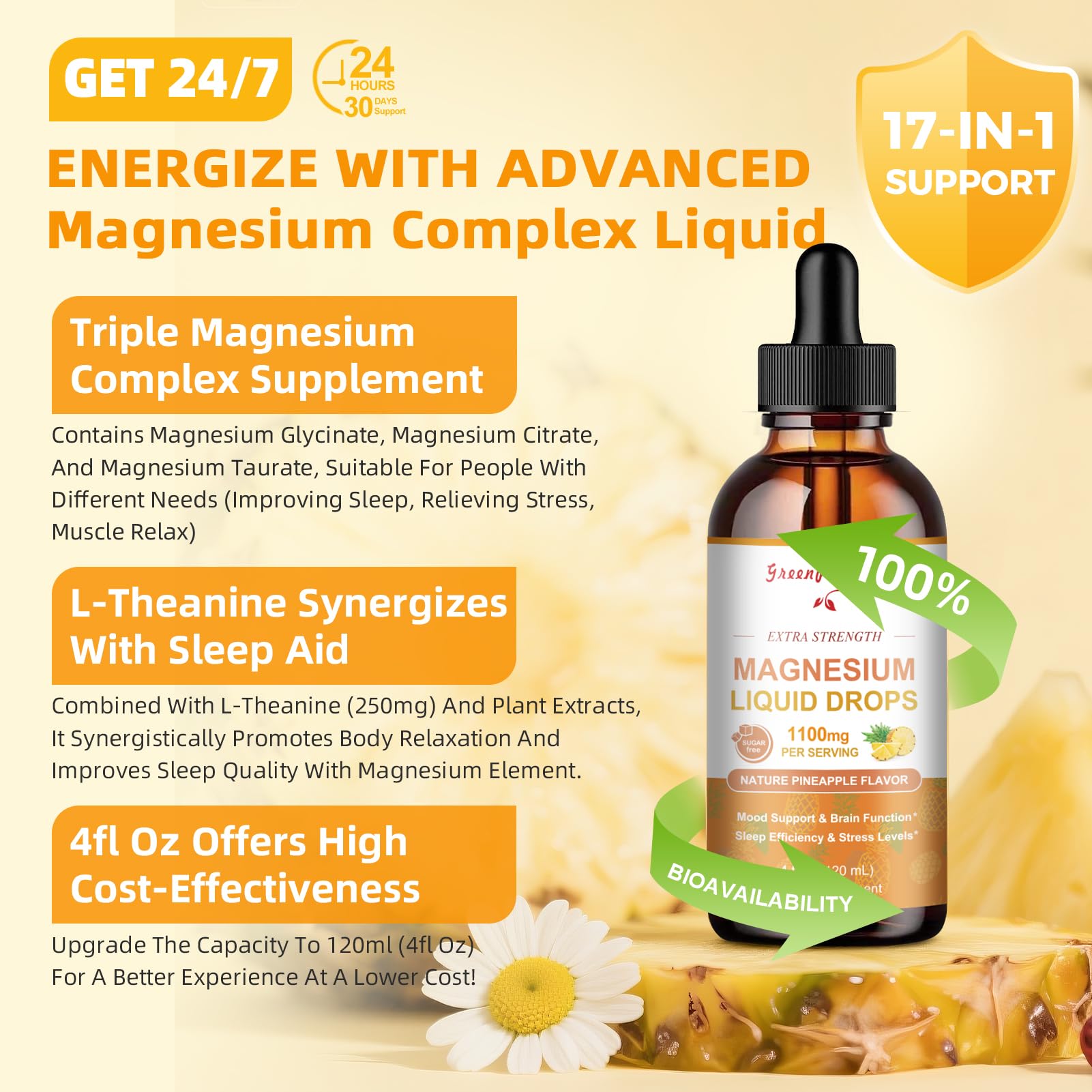 GREENPEOPLE Magnesium Glycinate Liquid Drop - 17-in-1 4Fl. Oz Triple Magnesium Complex Supplement with Glycinate 400mg & Citrate 500mg Taurate/L-Theanine for Calm Mood/Muscle/Sleep,Pineapple Flavor GREENPEOPLE Au supplements