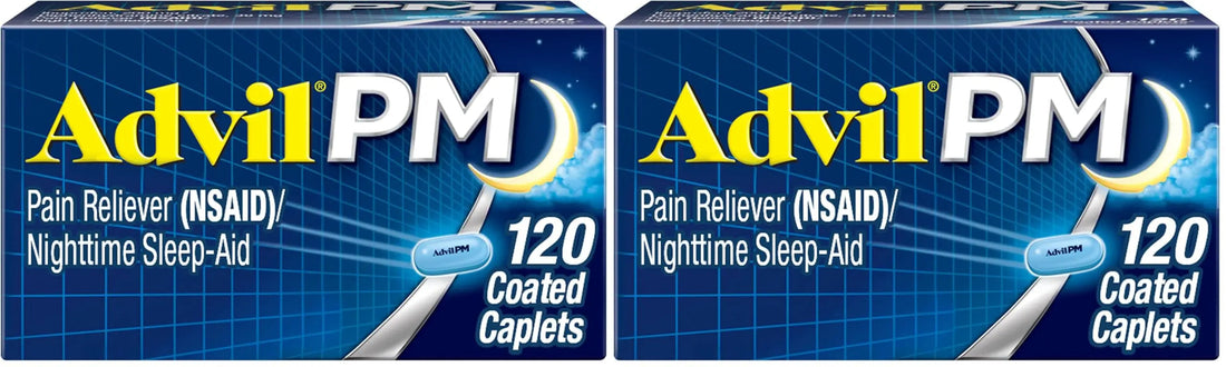 Advil PM Pain Reliever and Nighttime Sleep Aid, Pain Medicine with Ibuprofen for Pain Relief and Diphenhydramine Citrate for A Sleep Aid - 120 Coated Caplets (Pack of 2) Advil Au supplements