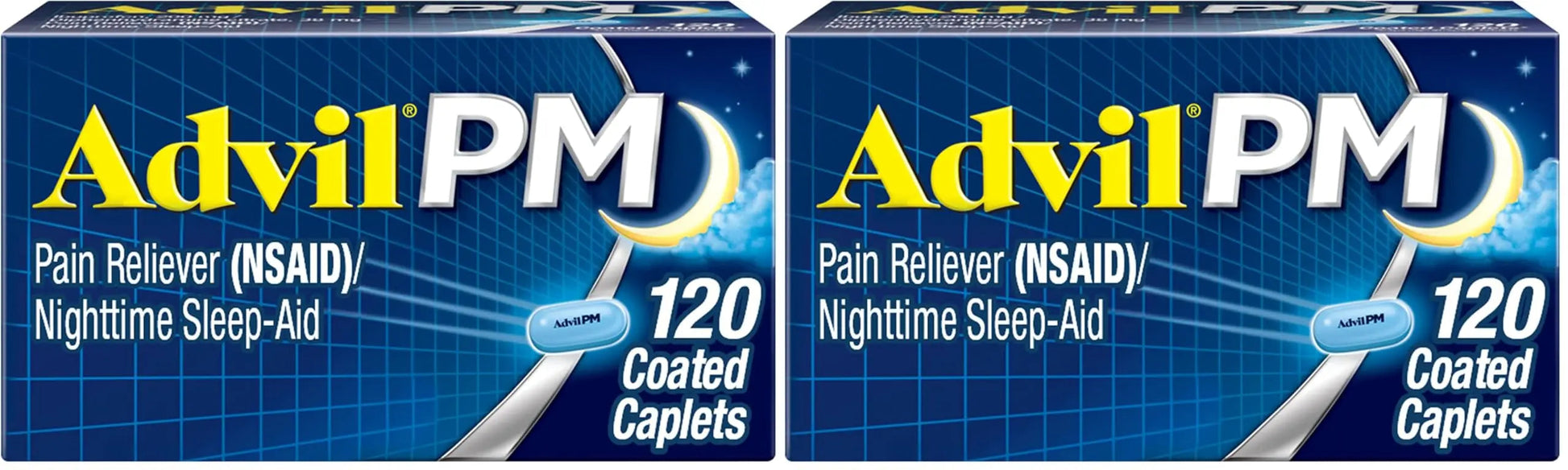 Advil PM Pain Reliever and Nighttime Sleep Aid, Pain Medicine with Ibuprofen for Pain Relief and Diphenhydramine Citrate for A Sleep Aid - 120 Coated Caplets (Pack of 2) Advil Au supplements