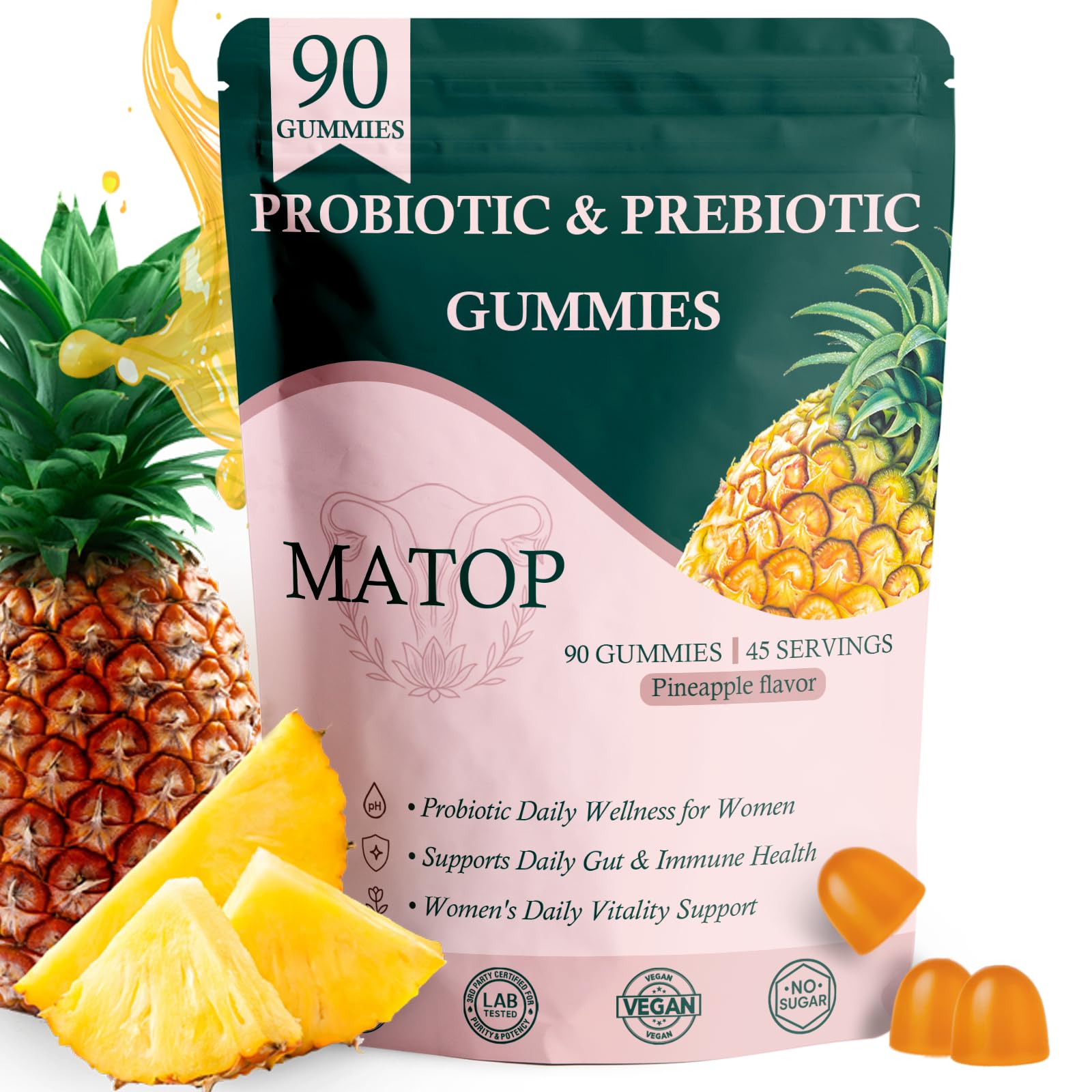 MATOP Probiotic Prebiotic pH Balance Gummies - Vaginal Health Gummies for Women Pro + Prebiotic with Pineapple Flavor, Vegan, Sugar-Free – 90 Gummies (45 Servings) MATOP Au supplements
